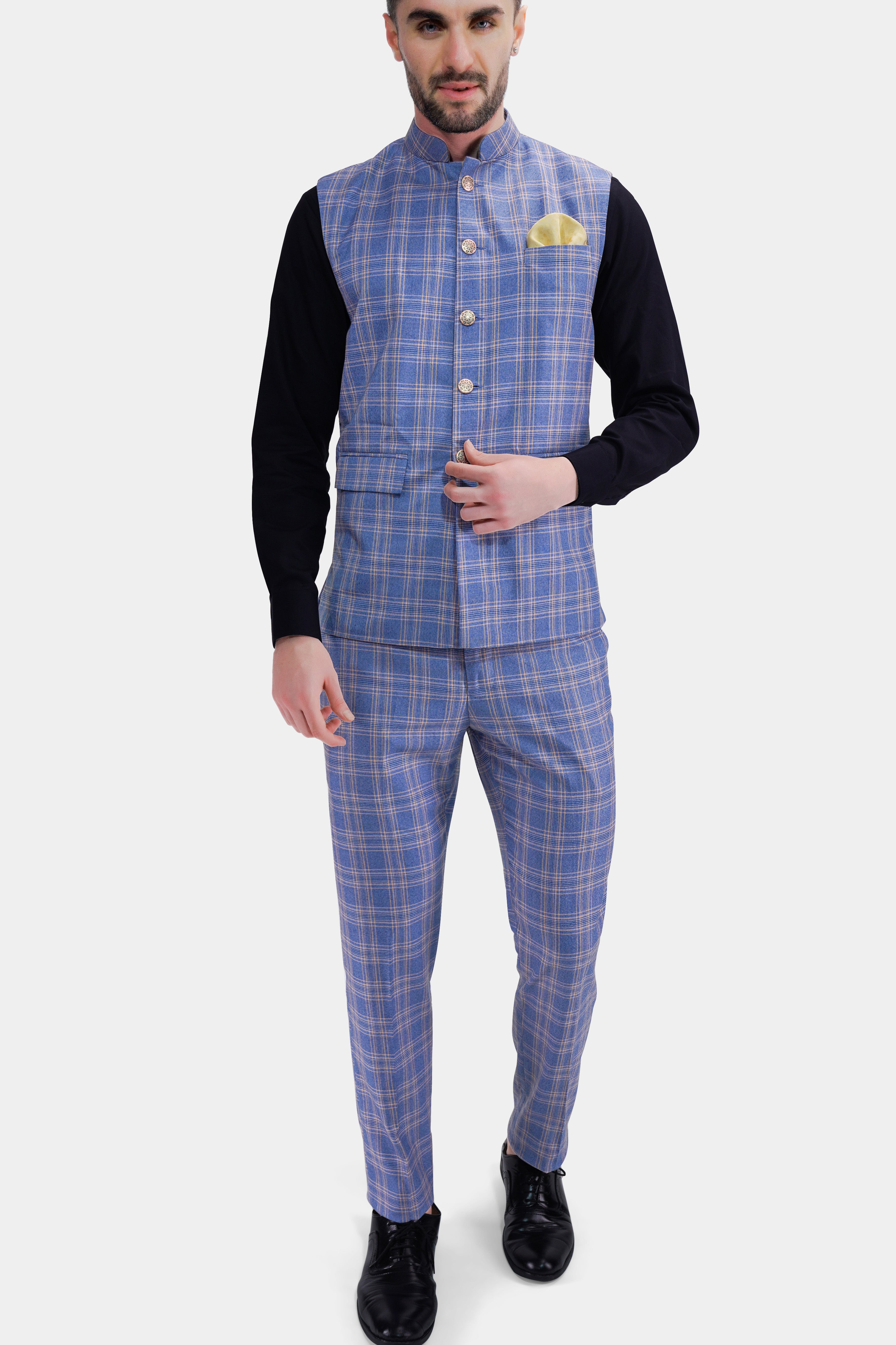 Scampi Blue and Muesli Brown Plaid Wool Rich Nehru Jacket