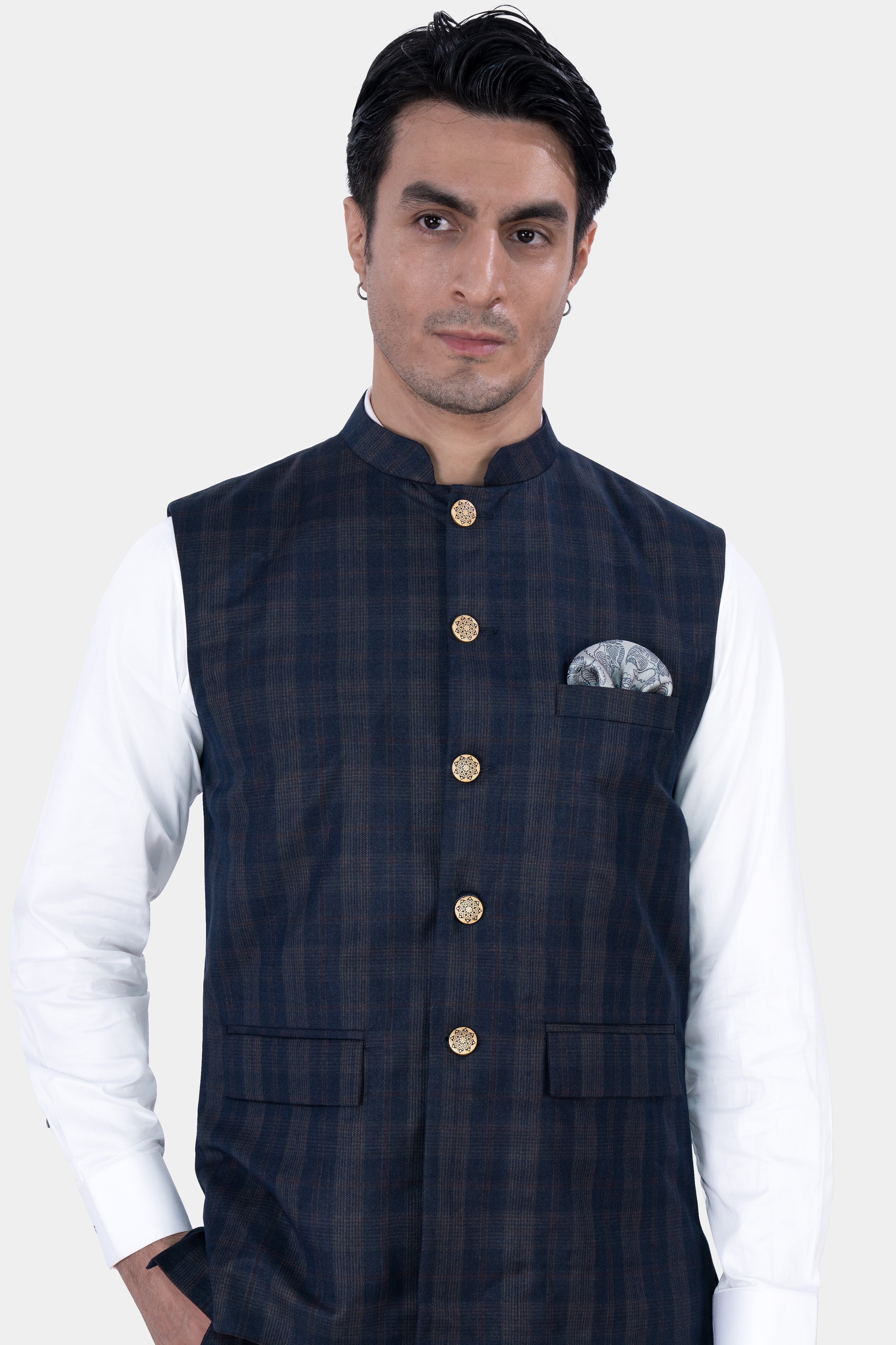 Admiral Blue and Cinereous Brown Plaid Wool Rich  Nehru Jacket WC2872-36, WC2872-38, WC2872-40, WC2872-42, WC2872-44, WC2872-46, WC2872-48, WC2872-50, WC2872-52, WC2872-54, WC2872-56, WC2872-58, WC2872-60