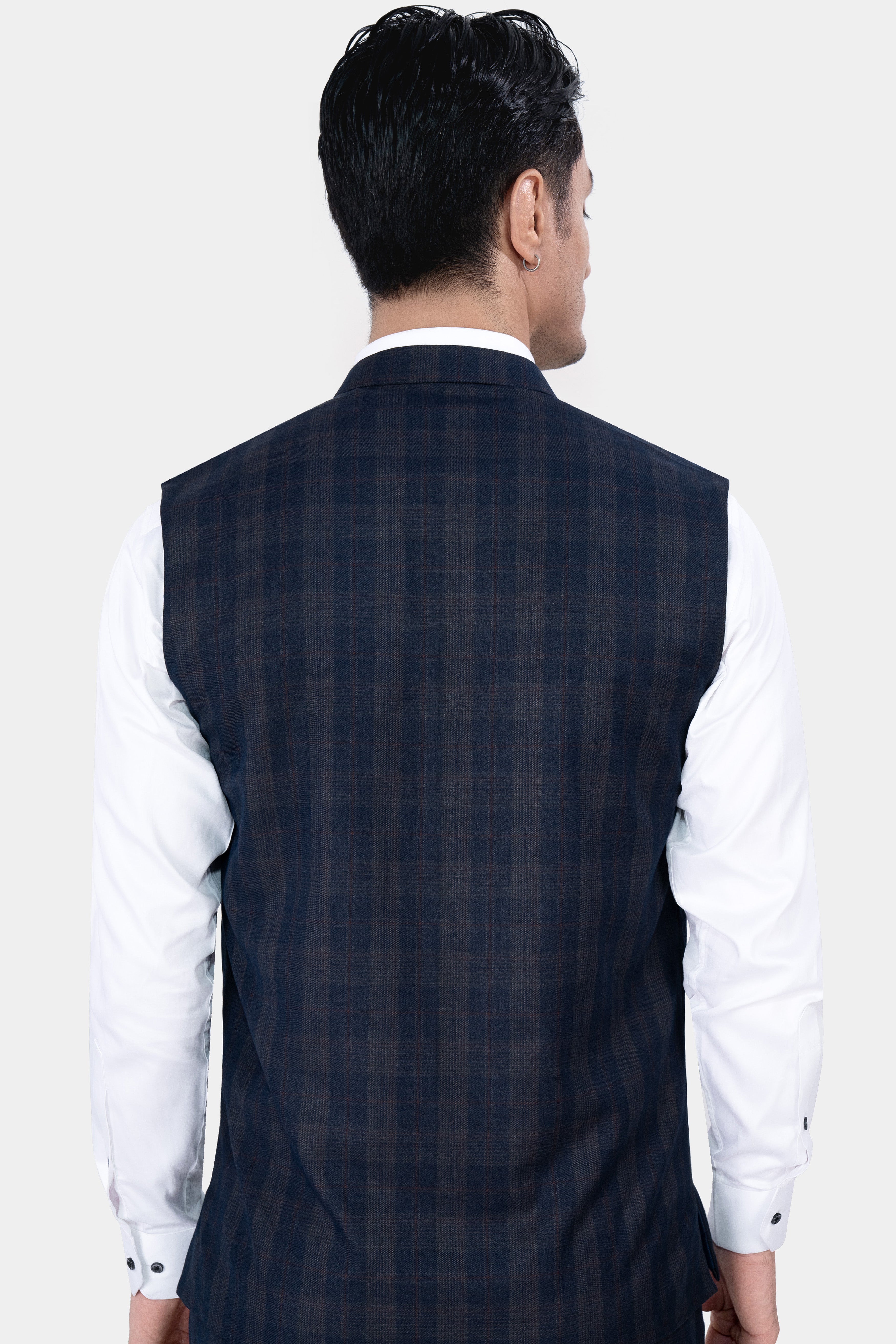 Admiral Blue and Cinereous Brown Plaid Wool Rich  Nehru Jacket WC2872-36, WC2872-38, WC2872-40, WC2872-42, WC2872-44, WC2872-46, WC2872-48, WC2872-50, WC2872-52, WC2872-54, WC2872-56, WC2872-58, WC2872-60