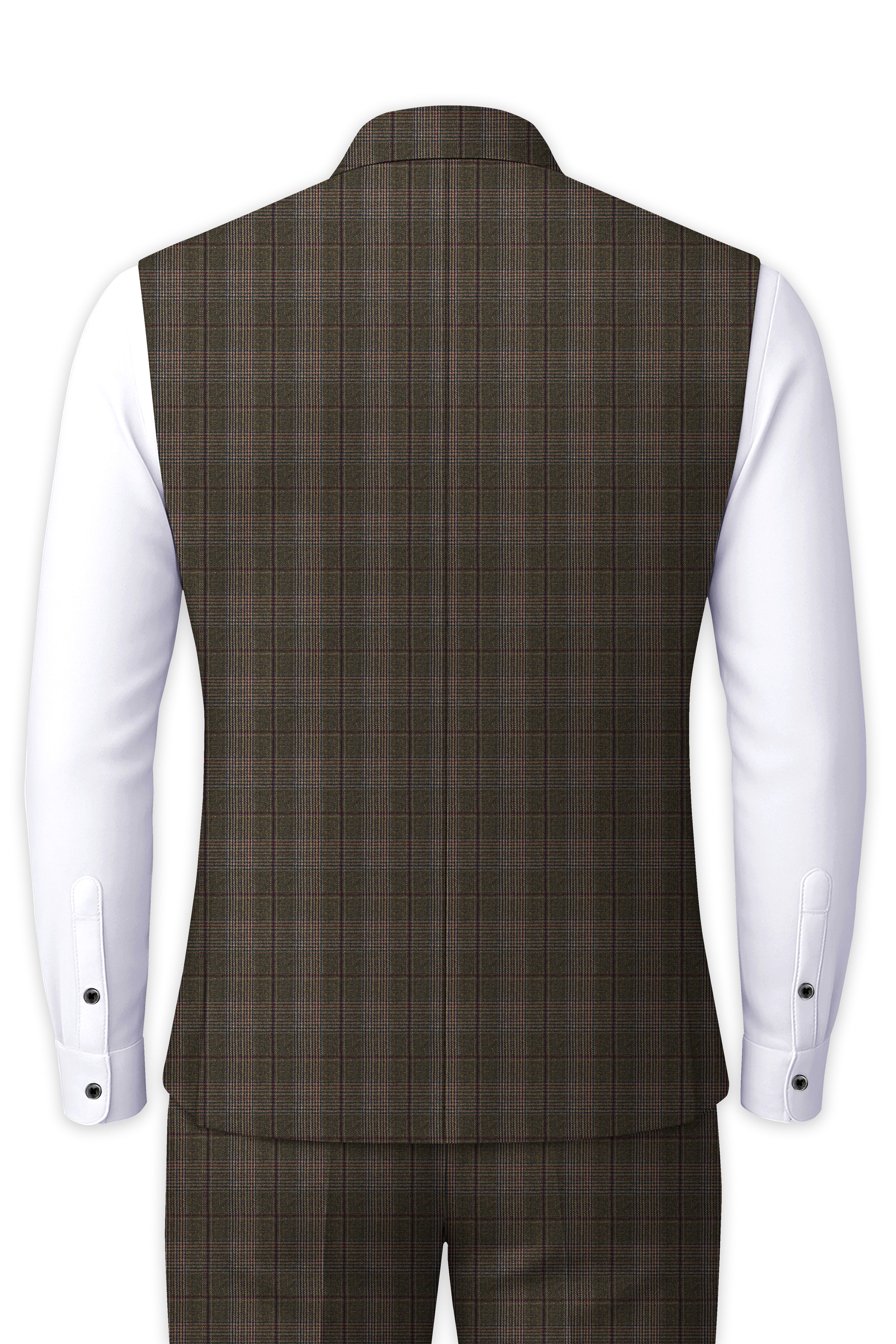 Fuscous Gray and Bistre Brown Plaid Wool Rich Nehru Jacket