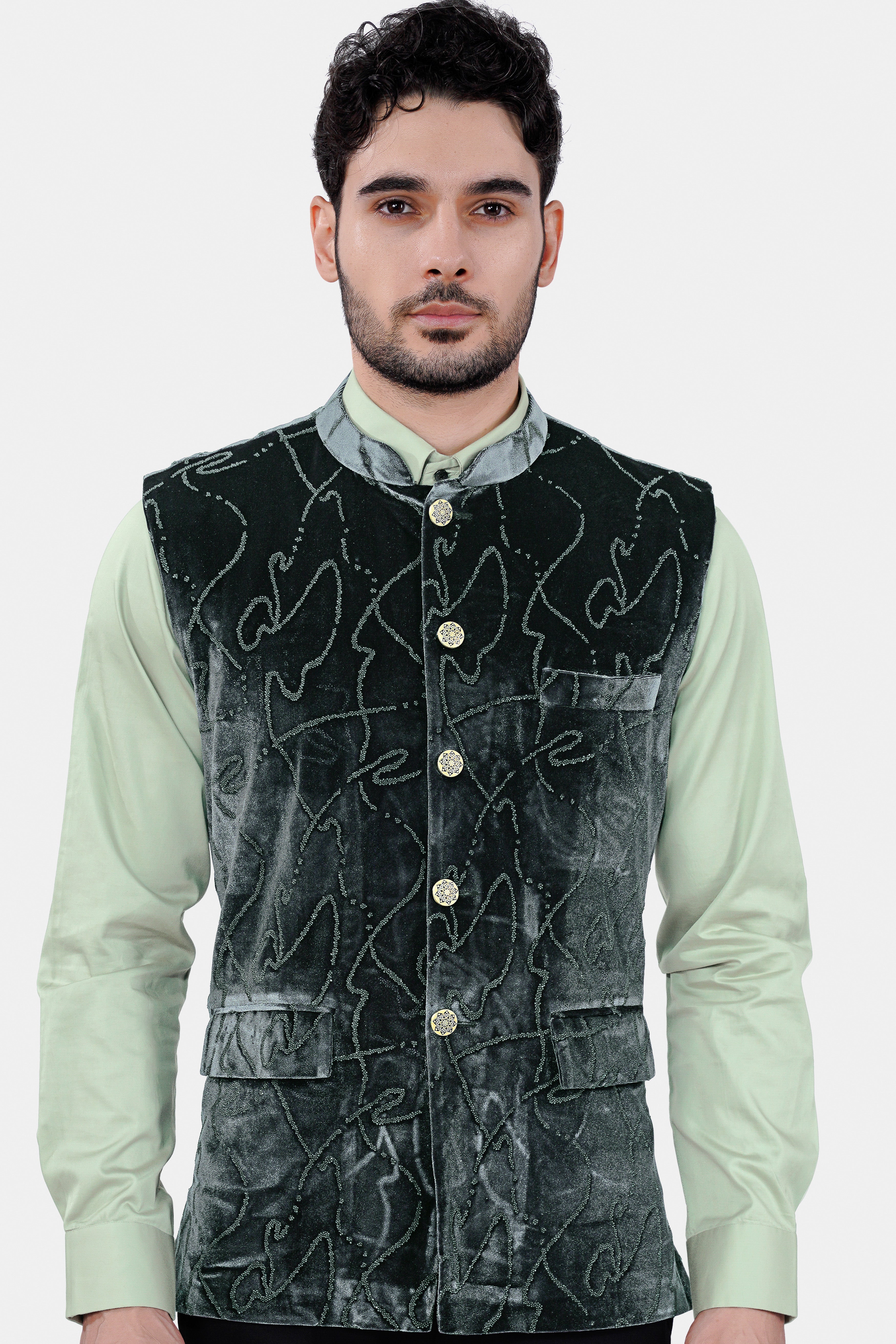 Kombu Green Stonework Velvet Designer Nehru Jacket WC3047-36, WC3047-38, WC3047-40, WC3047-42, WC3047-44, WC3047-46, WC3047-48, WC3047-50, WC3047-52, WC3047-54, WC3047-56, WC3047-58, WC3047-60