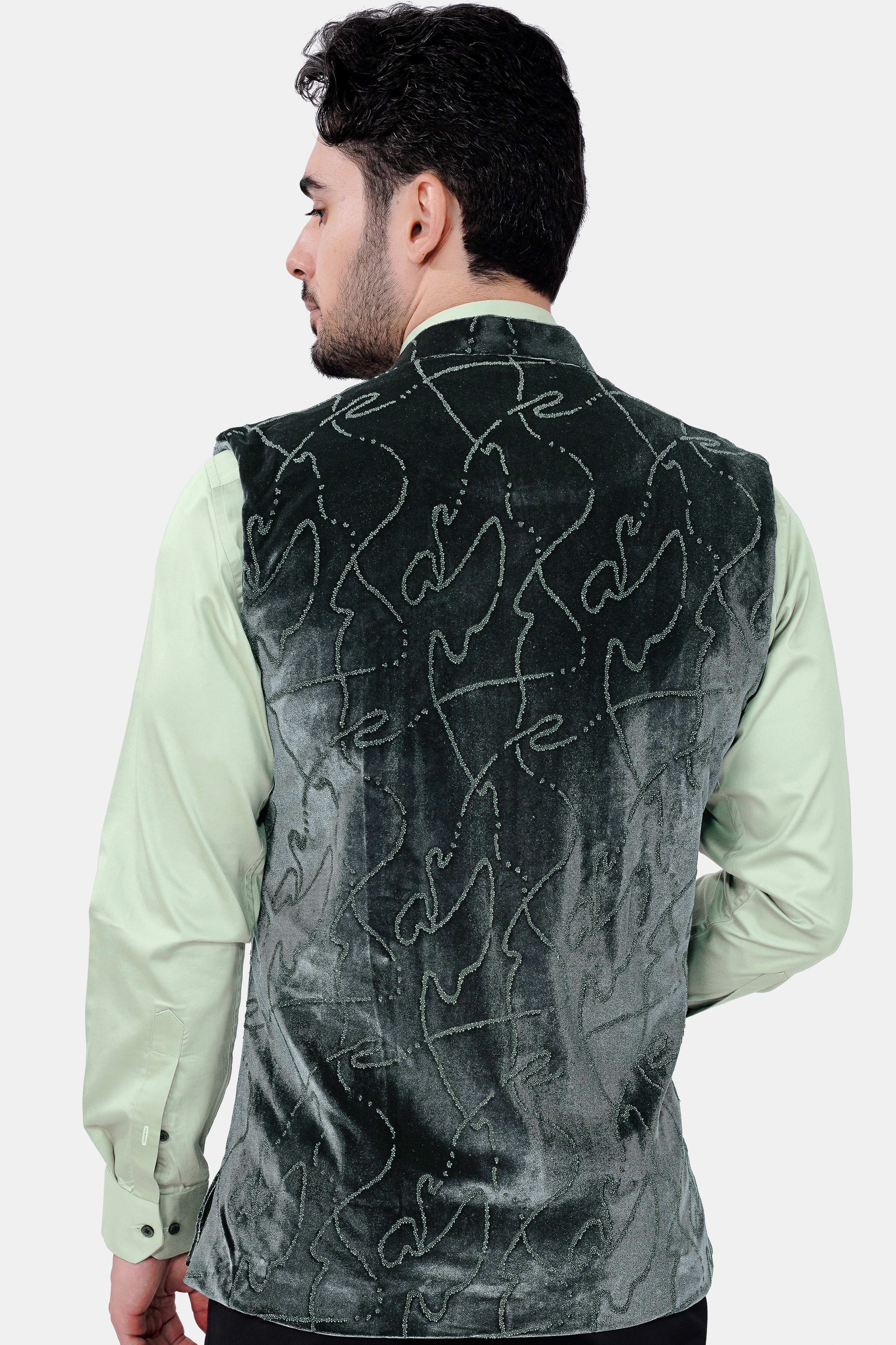 Kombu Green Stonework Velvet Designer Nehru Jacket WC3047-36, WC3047-38, WC3047-40, WC3047-42, WC3047-44, WC3047-46, WC3047-48, WC3047-50, WC3047-52, WC3047-54, WC3047-56, WC3047-58, WC3047-60