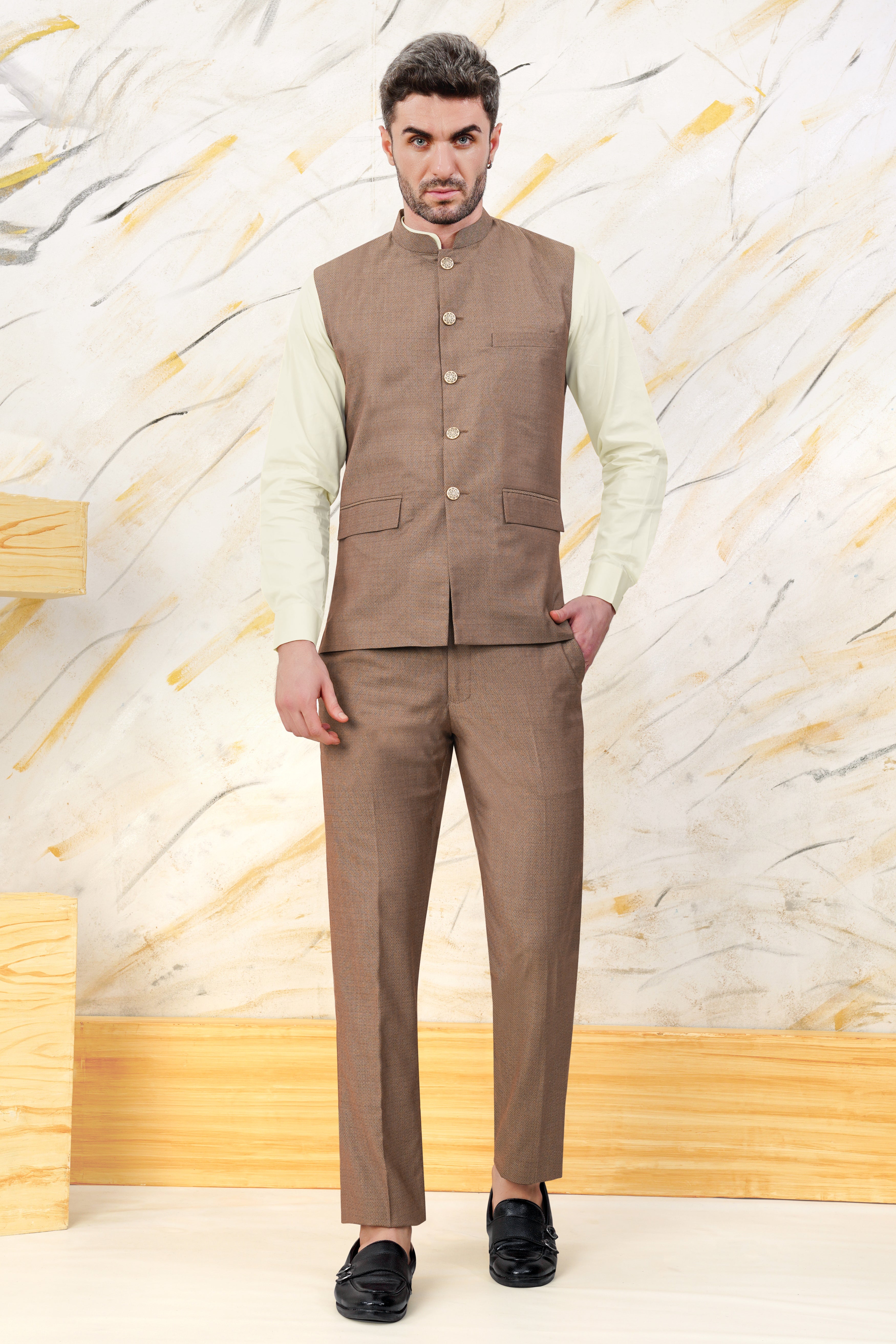 Hemp Brown Wool Rich Nehru Jacket WC3058-36, WC3058-38, WC3058-40, WC3058-42, WC3058-44, WC3058-46, WC3058-48, WC3058-50, WC3058-52, WC3058-54, WC3058-56, WC3058-58, WC3058-60