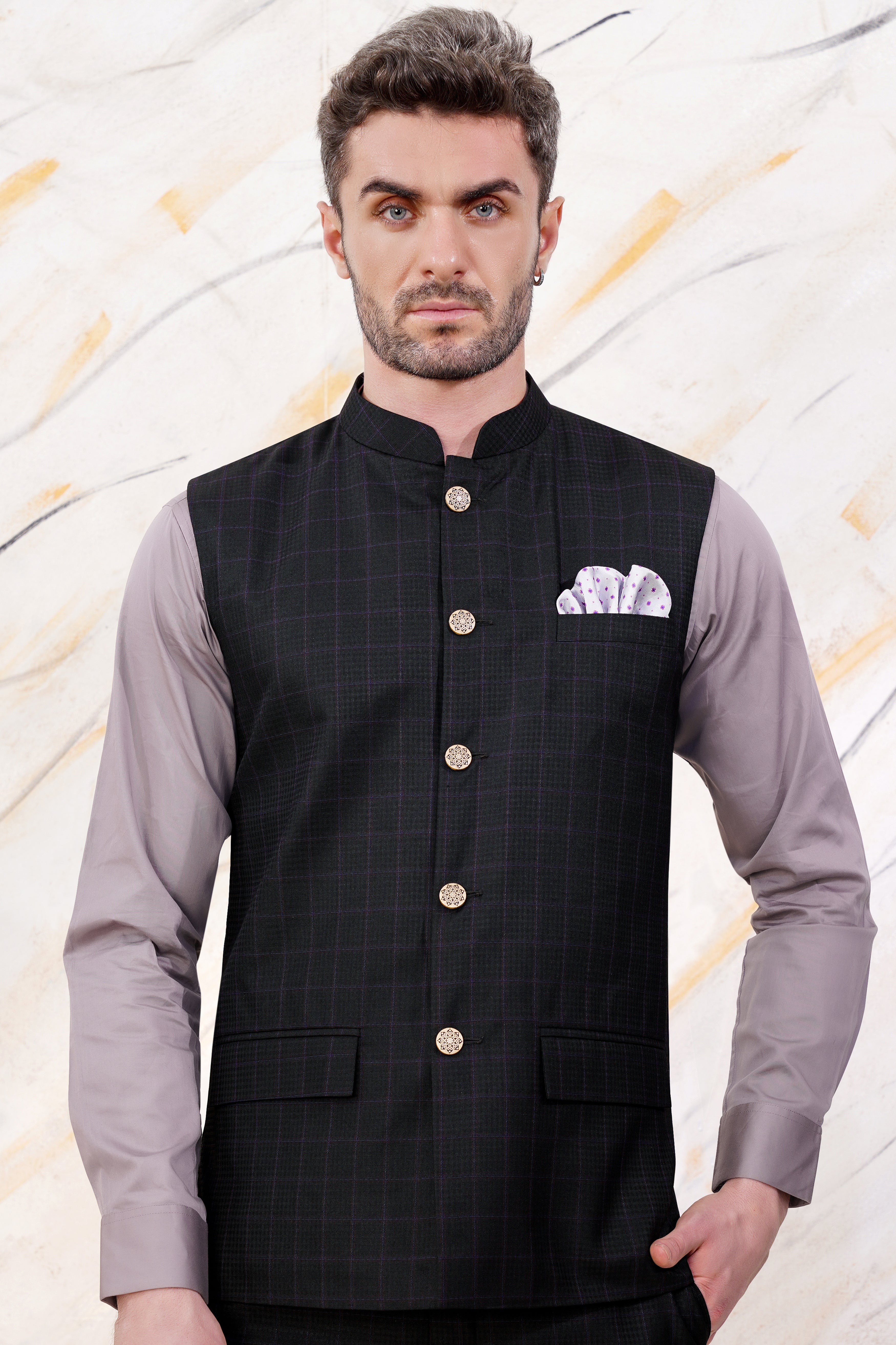 Bastille Black and Murasaki Purple Windowpane Wool Rich Nehru Jacket WC3063-36, WC3063-38, WC3063-40, WC3063-42, WC3063-44, WC3063-46, WC3063-48, WC3063-50, WC3063-52, WC3063-54, WC3063-56, WC3063-58, WC3063-60