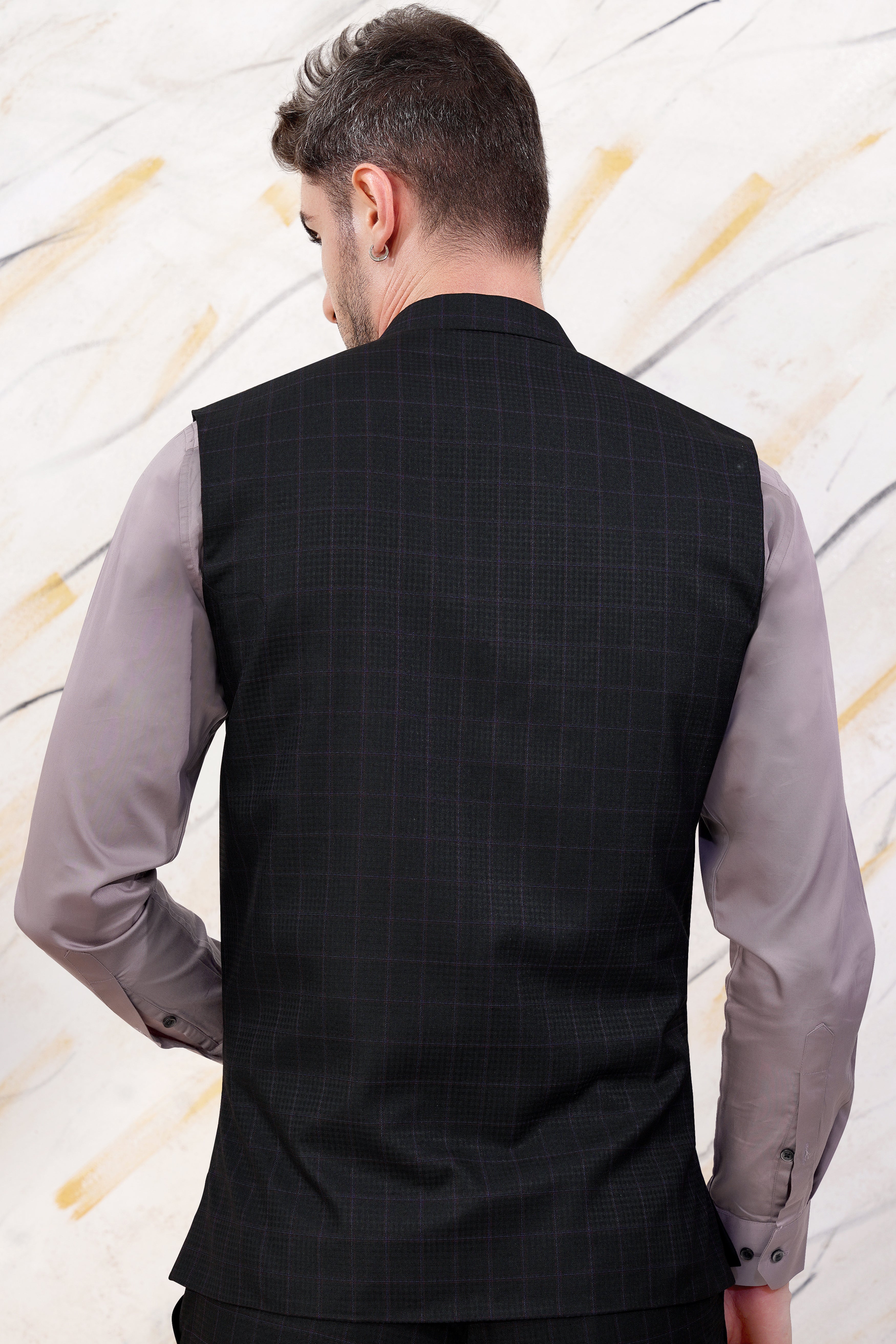 Bastille Black and Murasaki Purple Windowpane Wool Rich Nehru Jacket WC3063-36, WC3063-38, WC3063-40, WC3063-42, WC3063-44, WC3063-46, WC3063-48, WC3063-50, WC3063-52, WC3063-54, WC3063-56, WC3063-58, WC3063-60