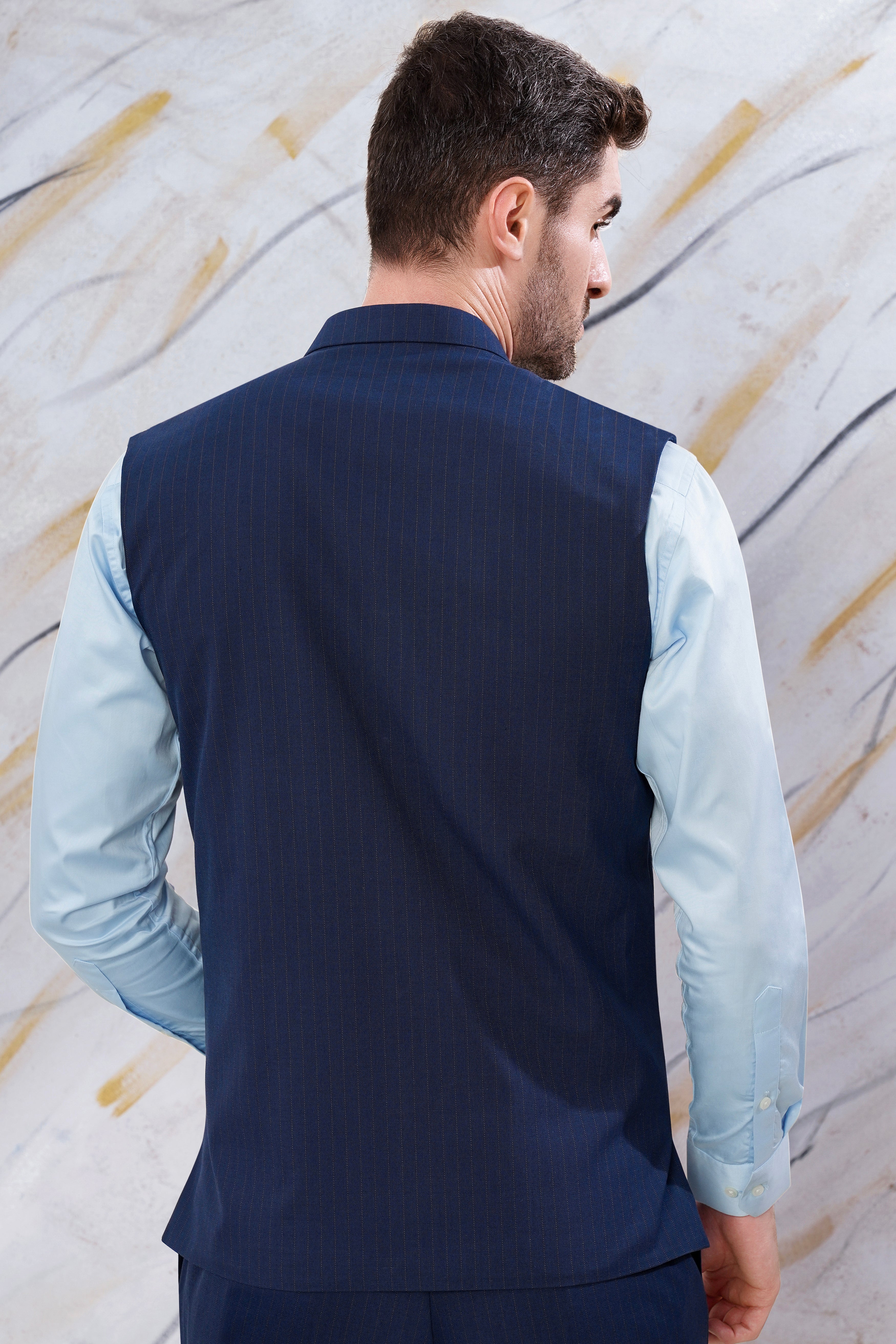 Ebony Clay Blue Striped Wool Rich Bandhgala Nehru Jacket