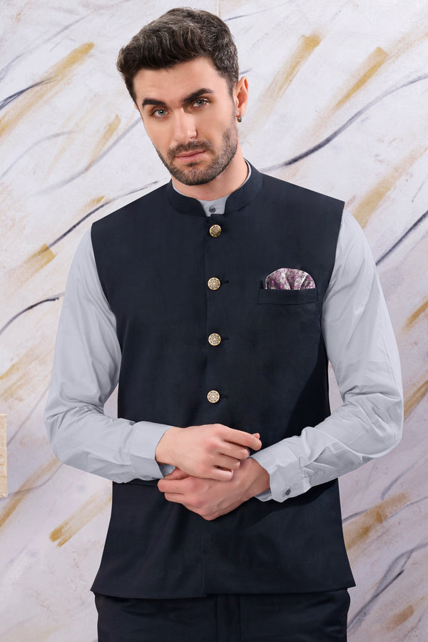 Baltic Blue Subtle Checkered Wool Rich Nehru Jacket