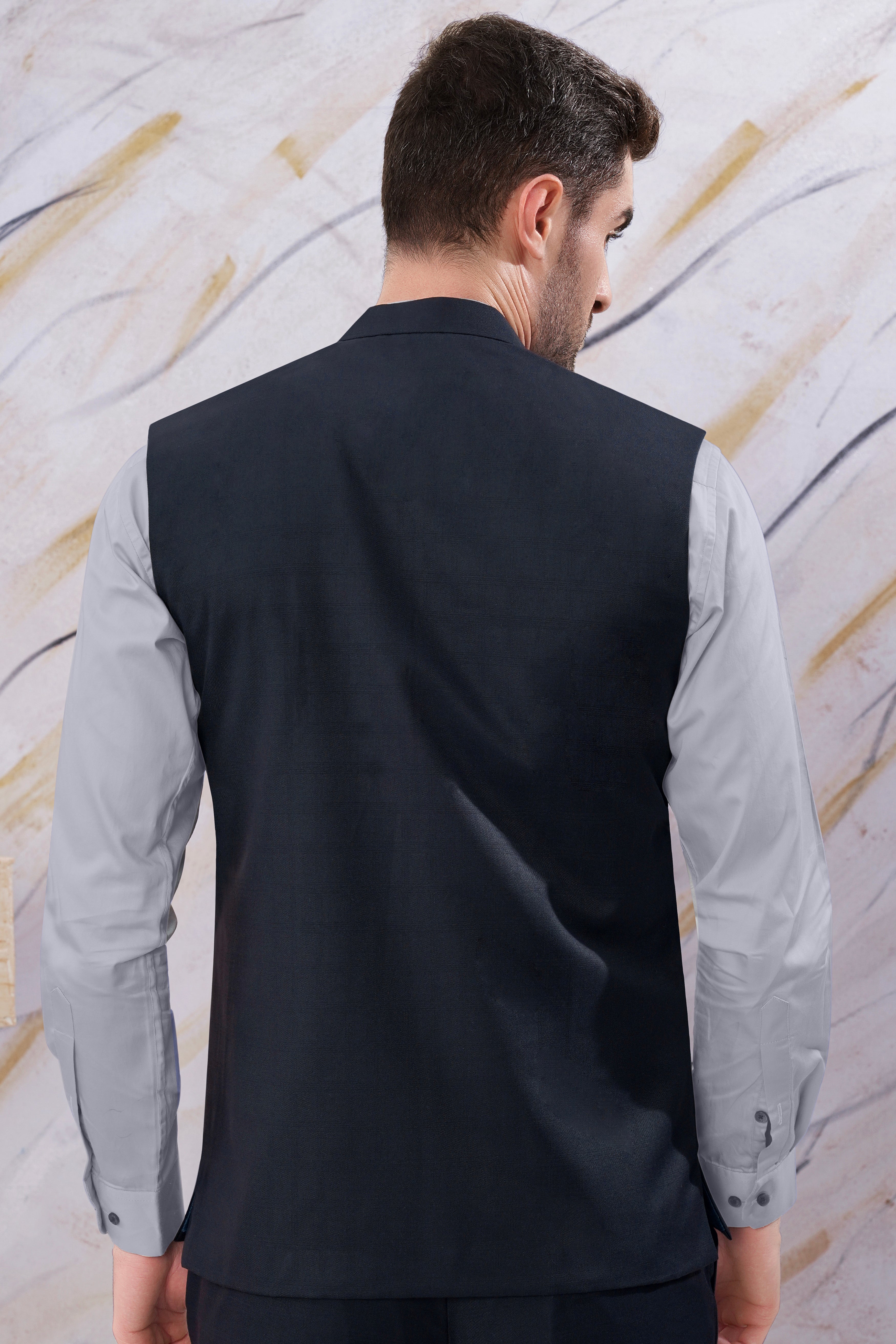 Baltic Blue Subtle Checkered Wool Rich Nehru Jacket