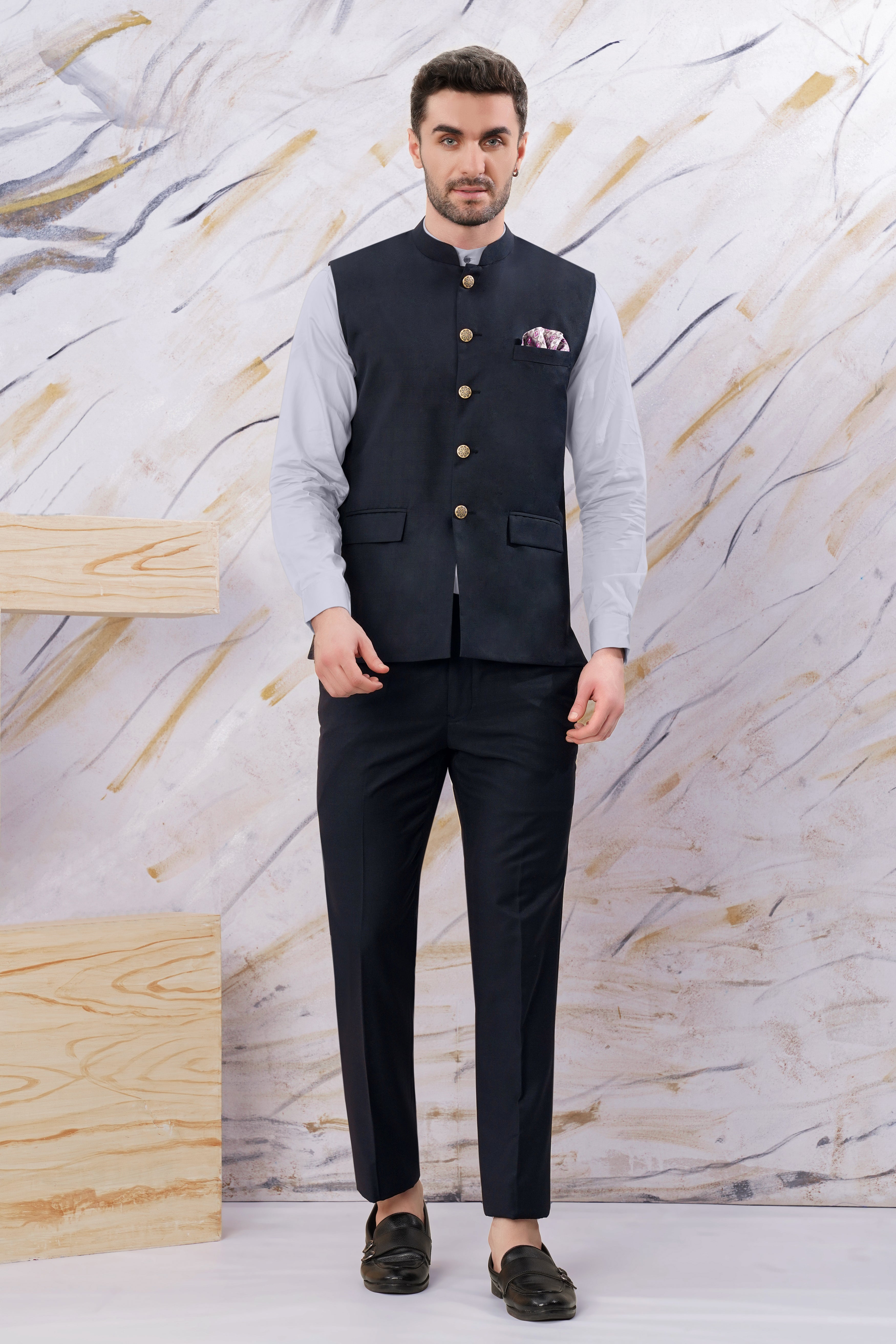 Baltic Blue Subtle Checkered Wool Rich Nehru Jacket