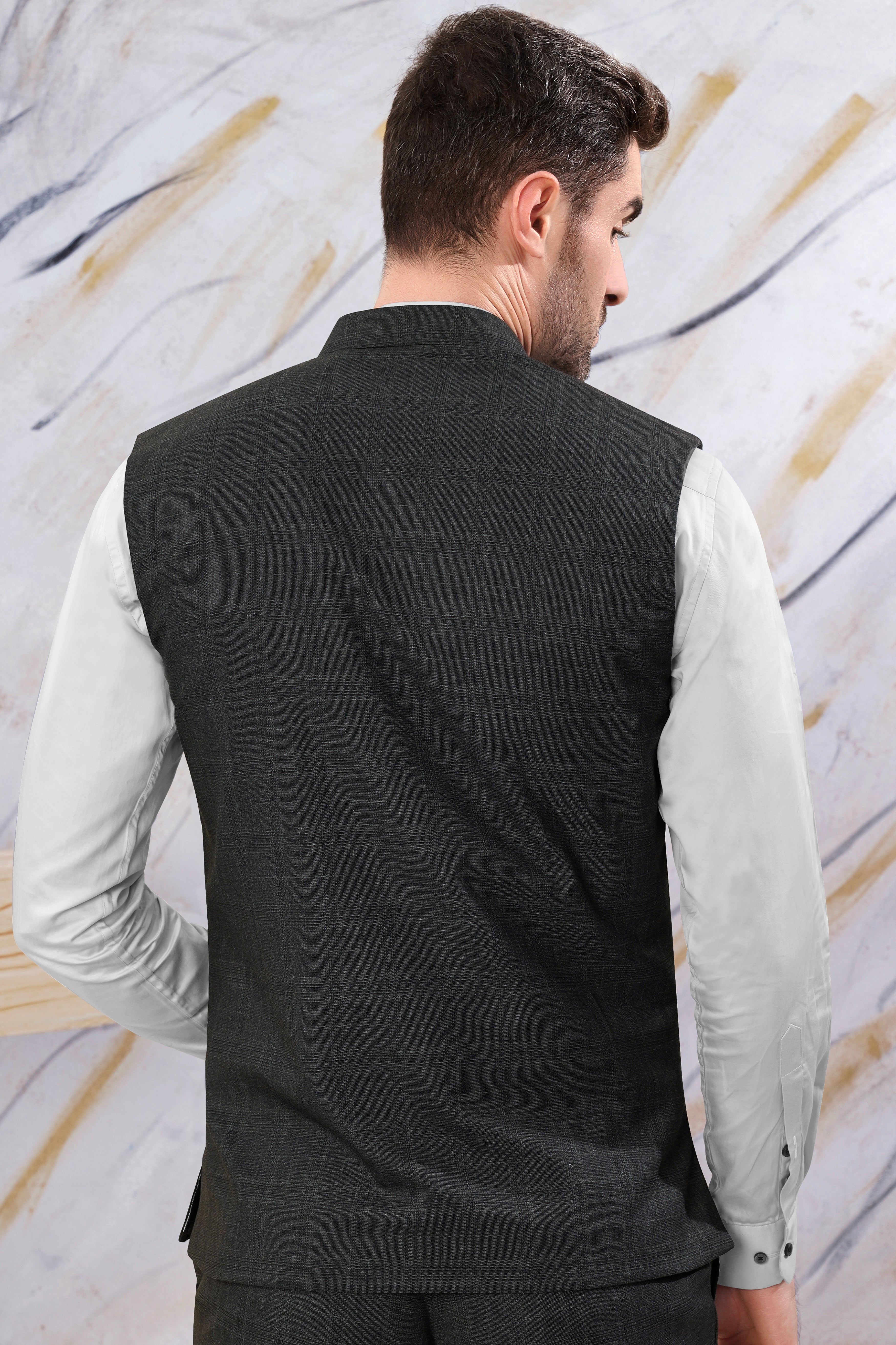 Iridium Gray Subtle Checkered Wool Rich Bandhgala Nehru Jacket