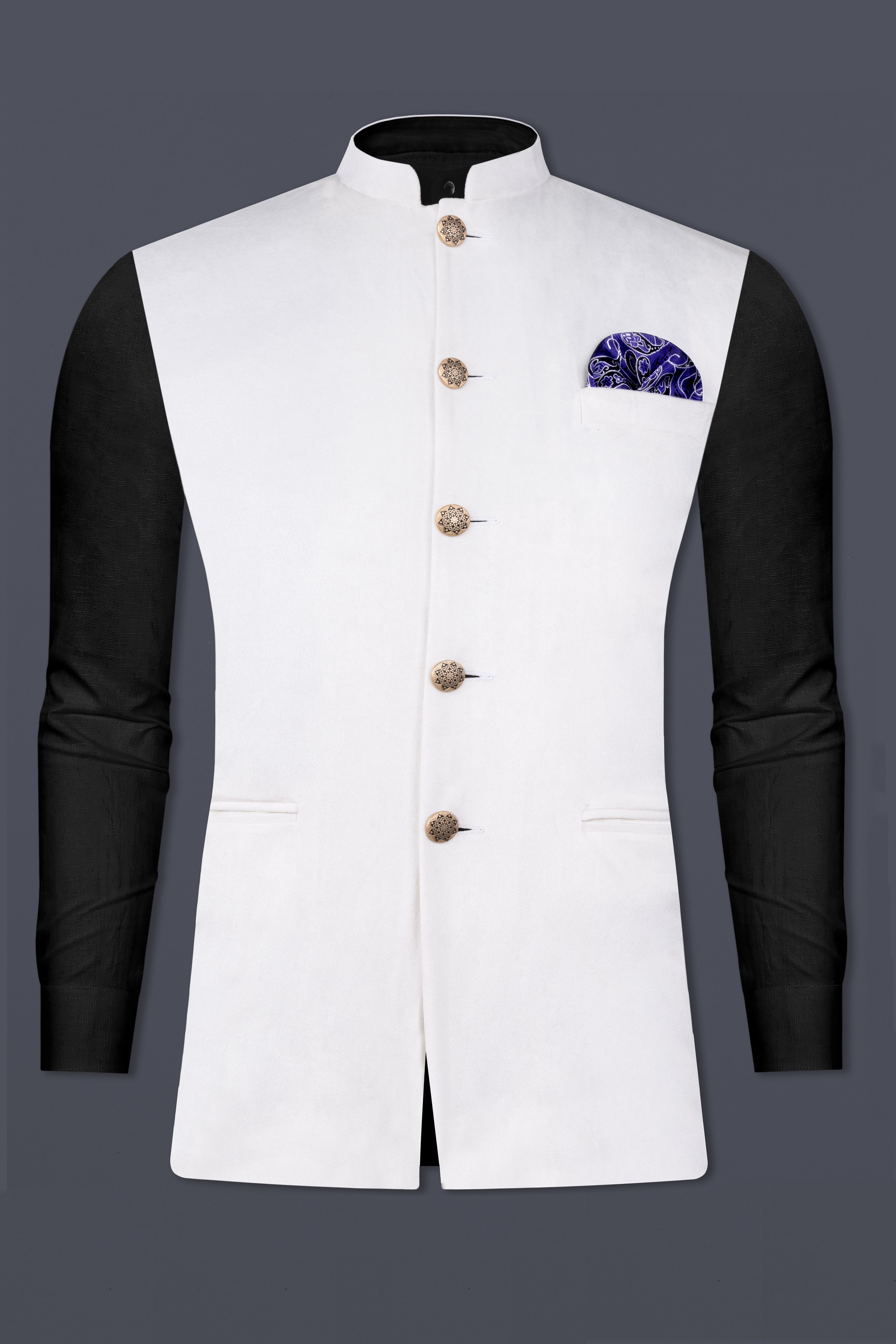 Bright White Velvet Nehru Jacket WC3164-36, WC3164-38, WC3164-40, WC3164-42, WC3164-44, WC3164-46, WC3164-48, WC3164-50, WC3164-52, WC3164-54, WC3164-56, WC3164-58, WC3164-60