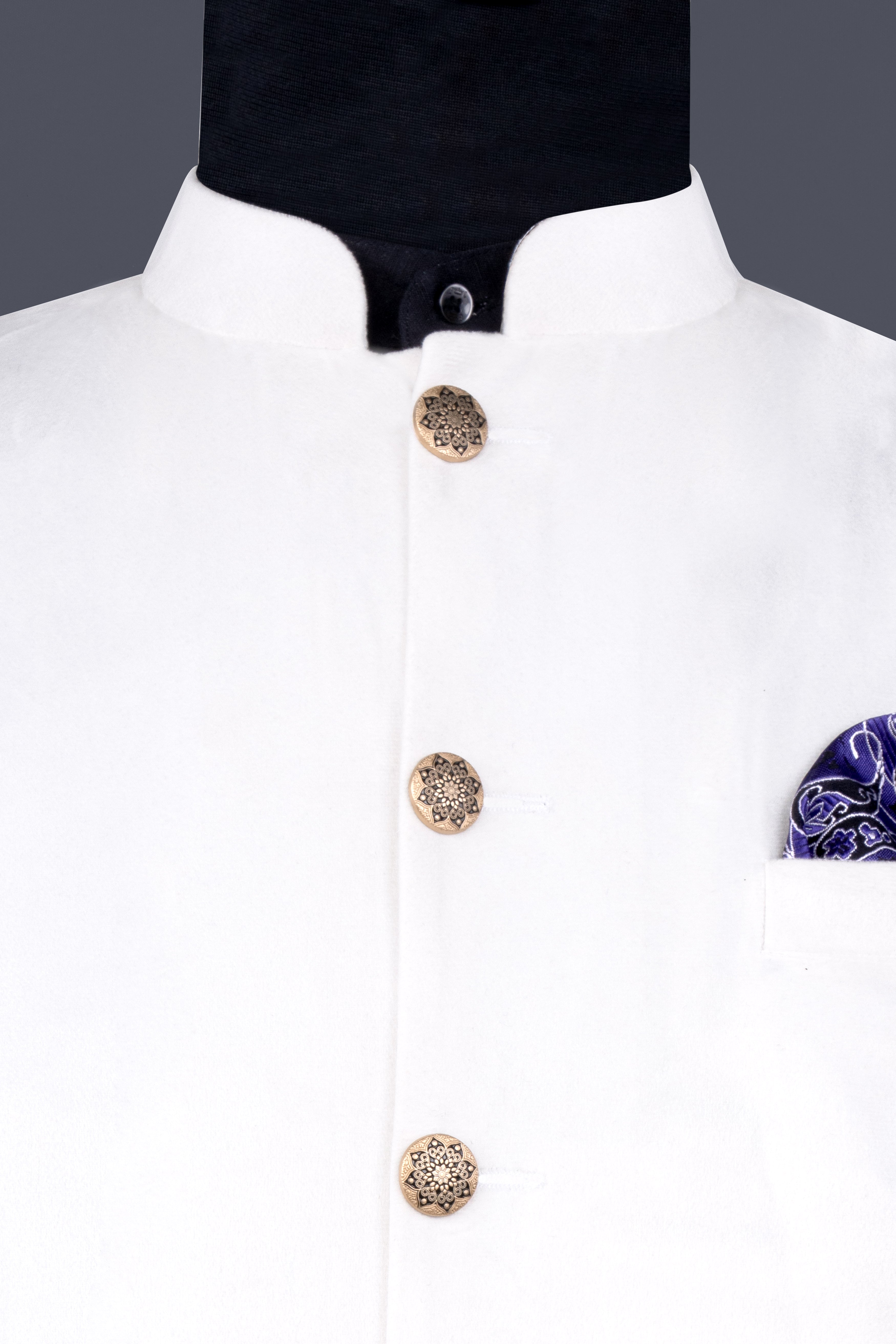 Bright White Velvet Nehru Jacket WC3164-36, WC3164-38, WC3164-40, WC3164-42, WC3164-44, WC3164-46, WC3164-48, WC3164-50, WC3164-52, WC3164-54, WC3164-56, WC3164-58, WC3164-60