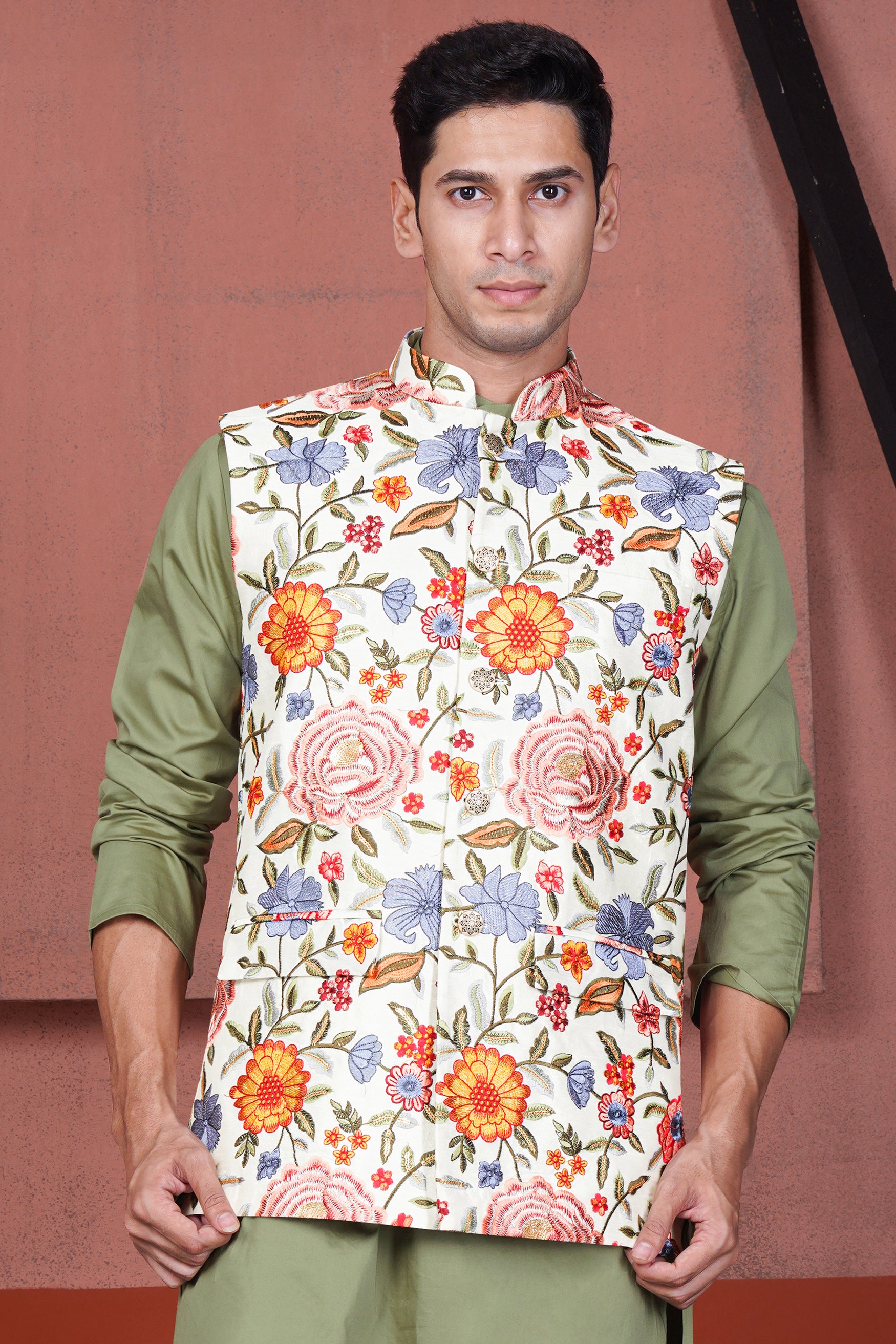 Bright White Multi Color Floral Cotton Thread Embroidered Nehru Jacket