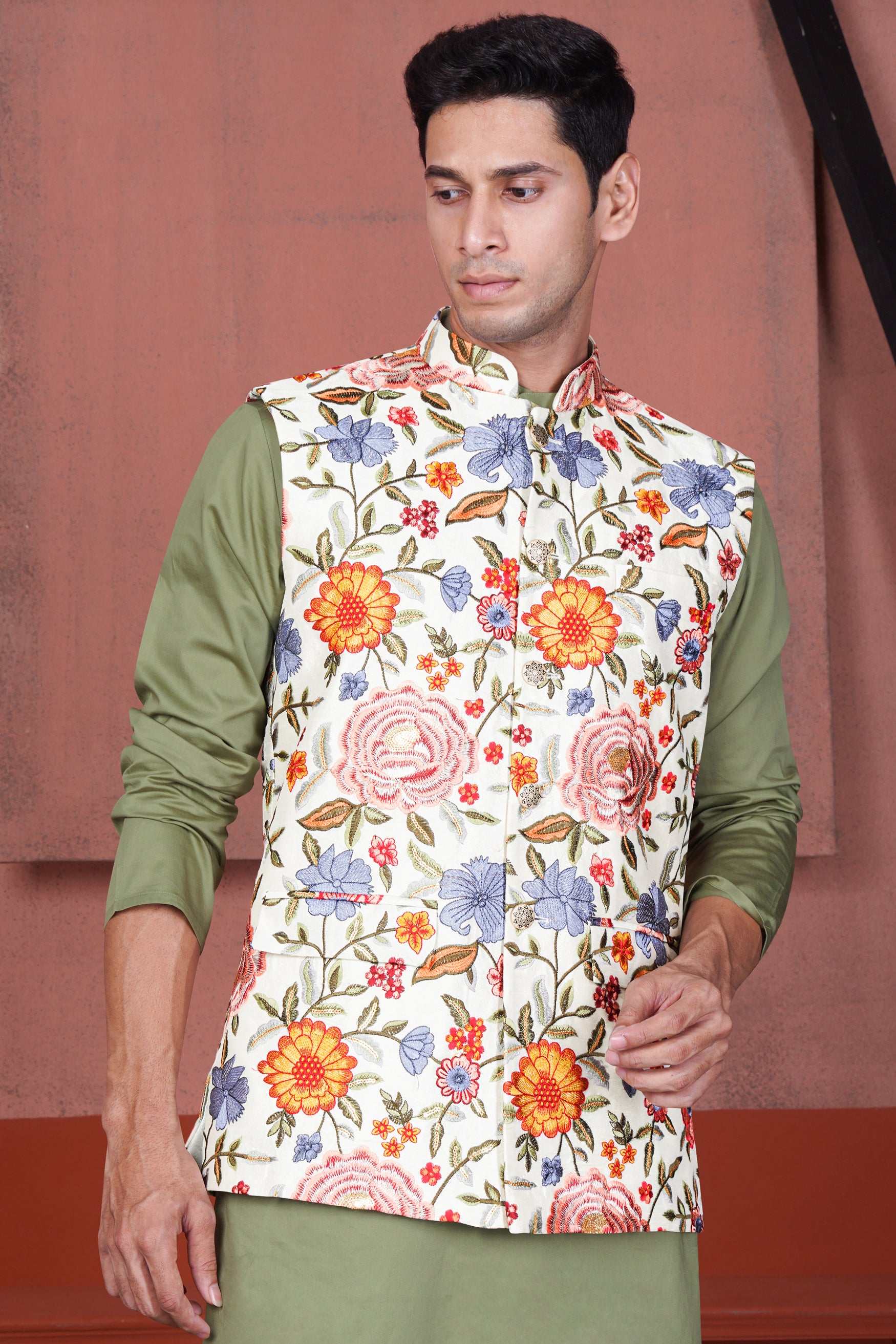 Bright White Multi Color Floral Cotton Thread Embroidered Nehru Jacket