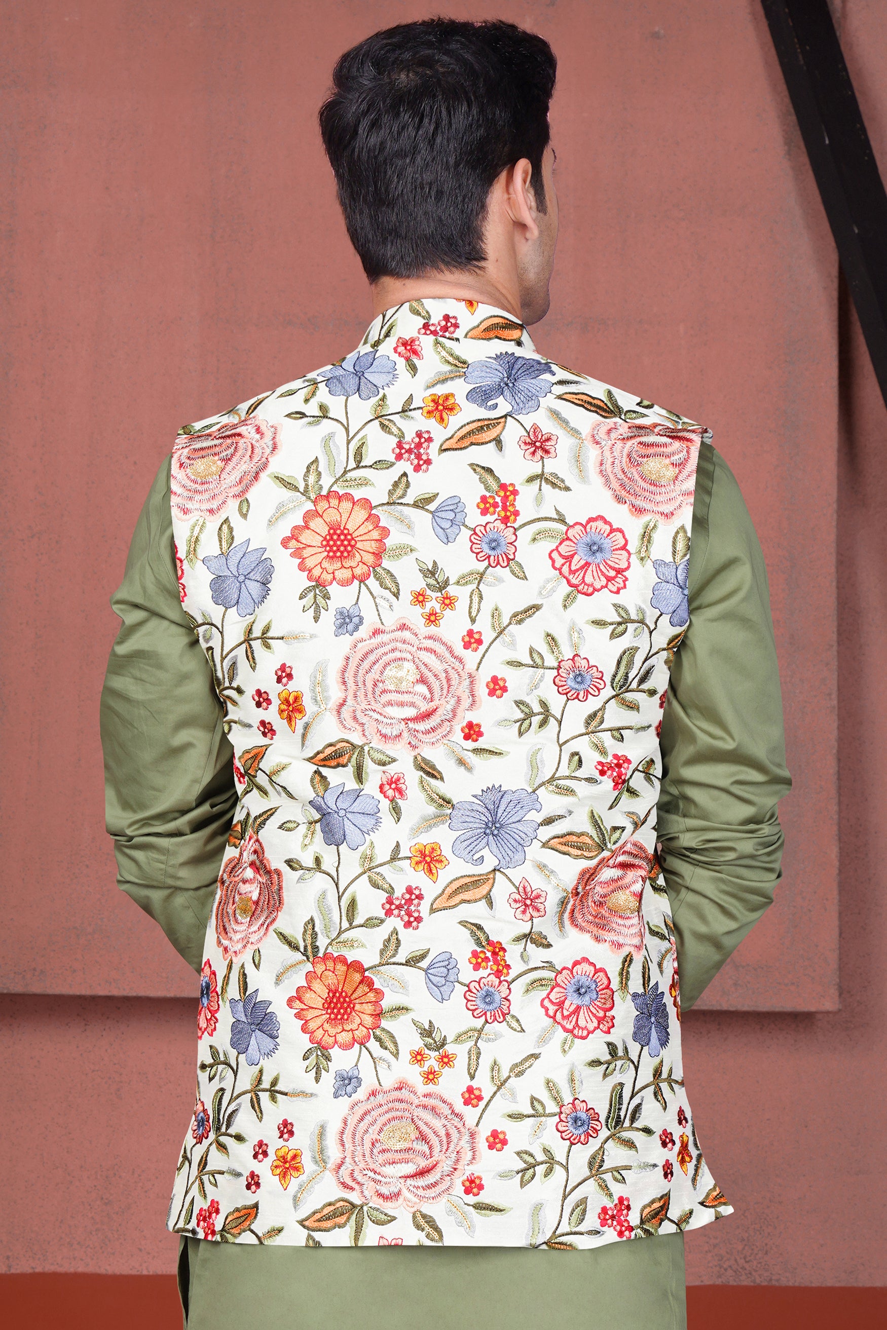 Bright White Multi Color Floral Cotton Thread Embroidered Nehru Jacket