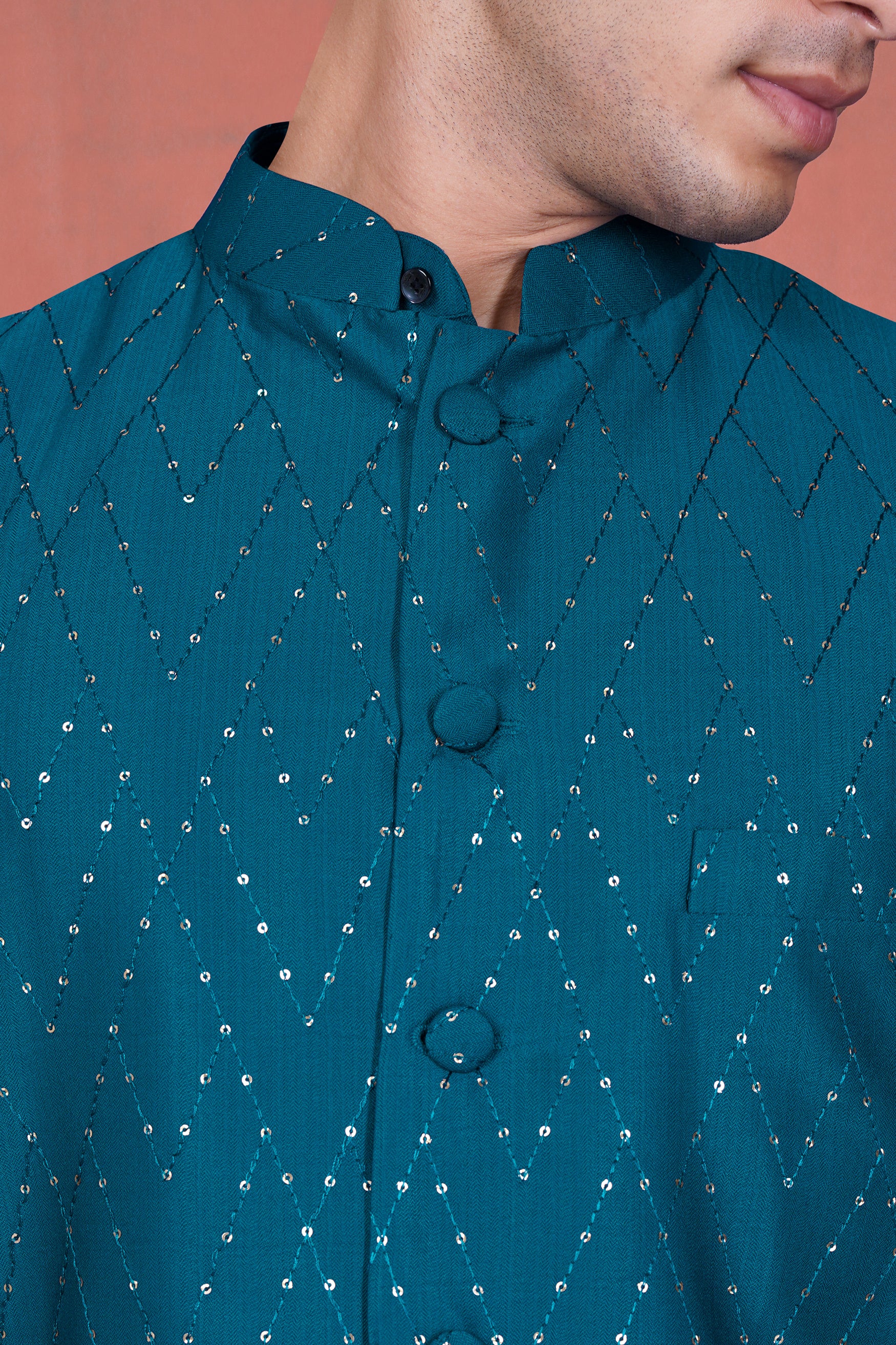 Venice Blue Tikki Work Designer Nehru Jacket