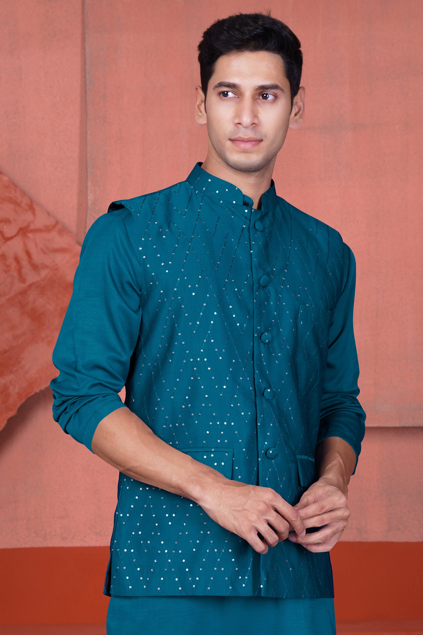 Venice Blue Tikki Work Designer Nehru Jacket