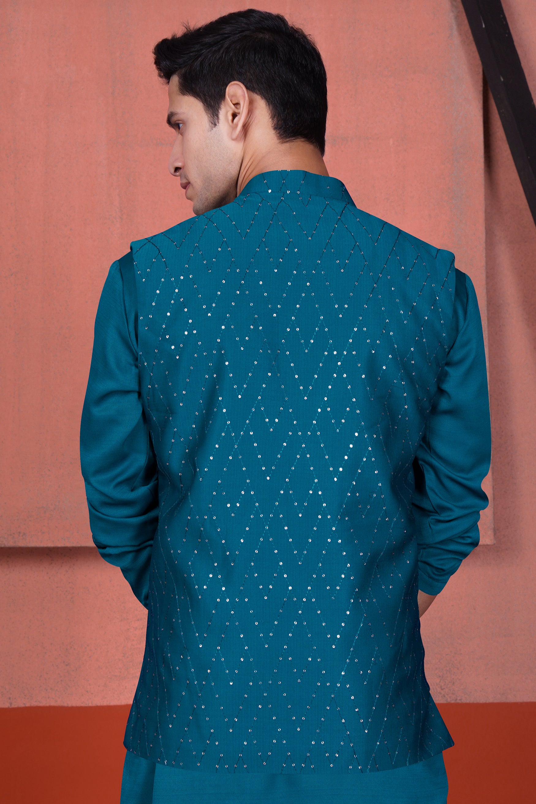 Venice Blue Tikki Work Designer Nehru Jacket