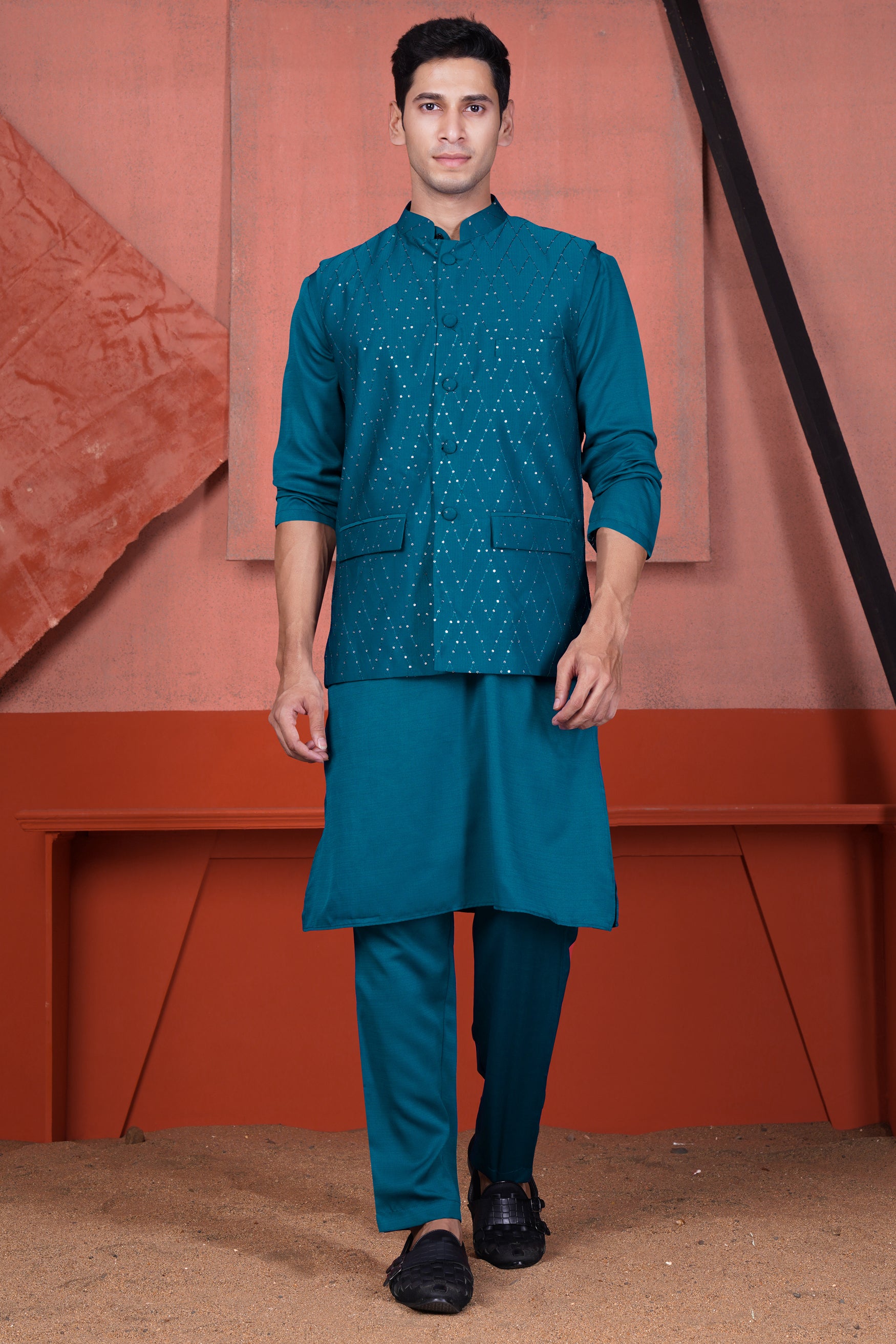 Venice Blue Tikki Work Designer Nehru Jacket