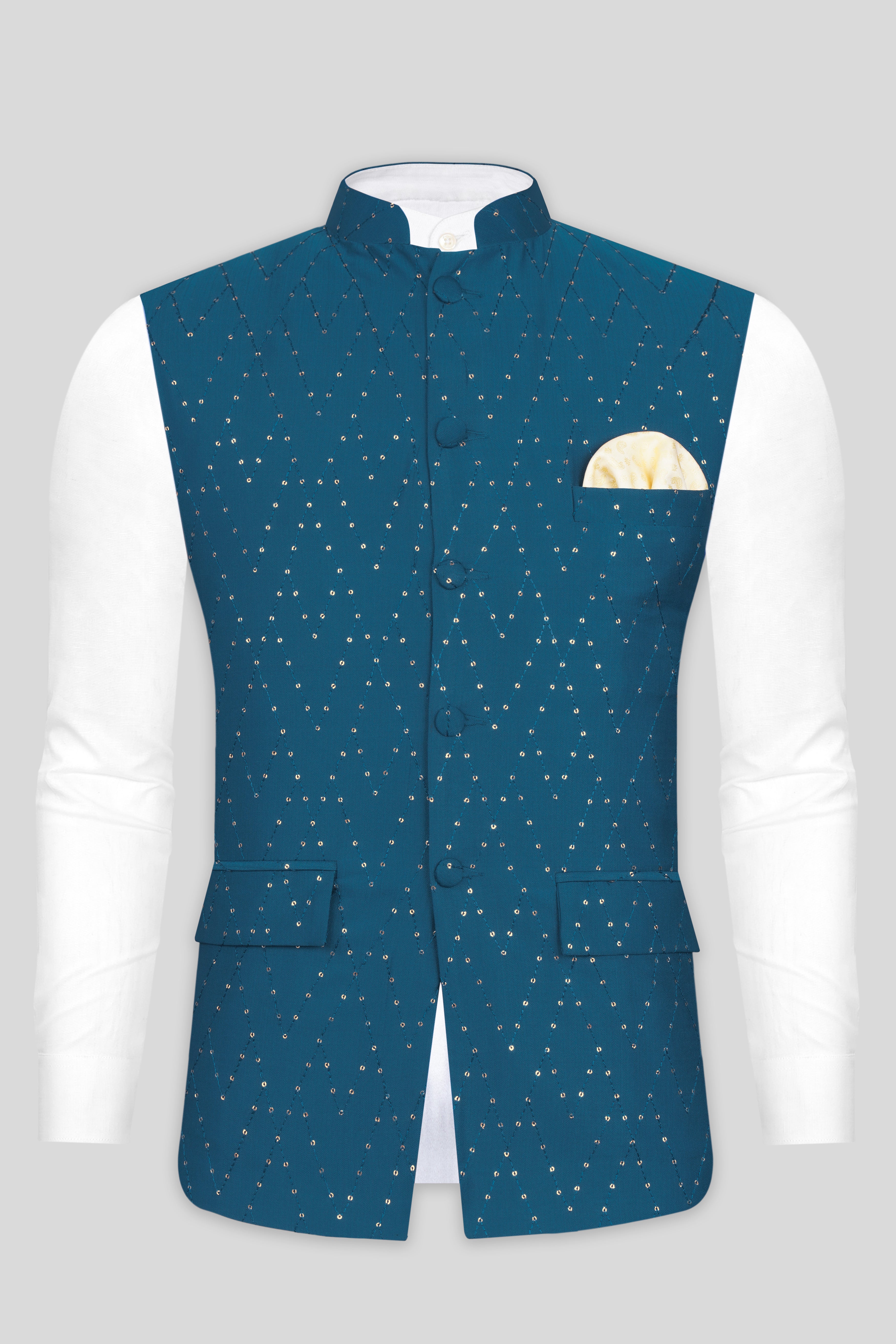 Venice Blue Tikki Work Designer Nehru Jacket