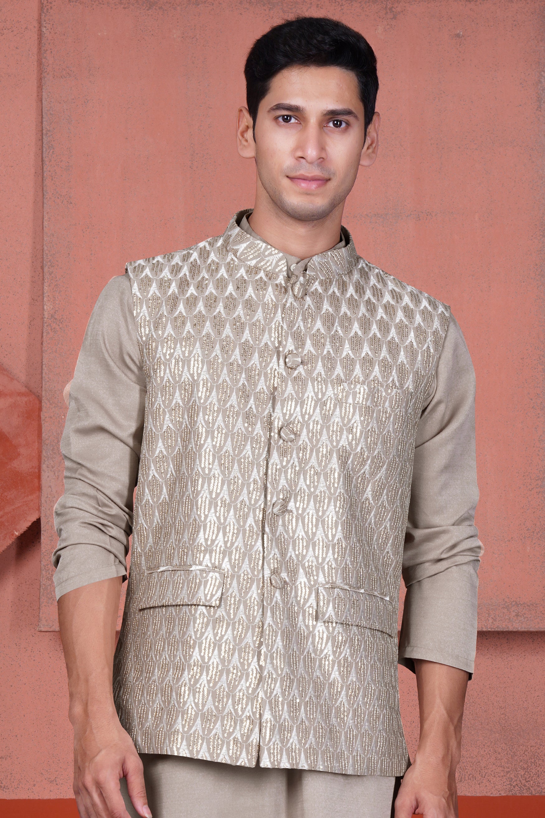 Nobel Brown Embroidered with Tikki Work Viscose Designer Nehru Jacket