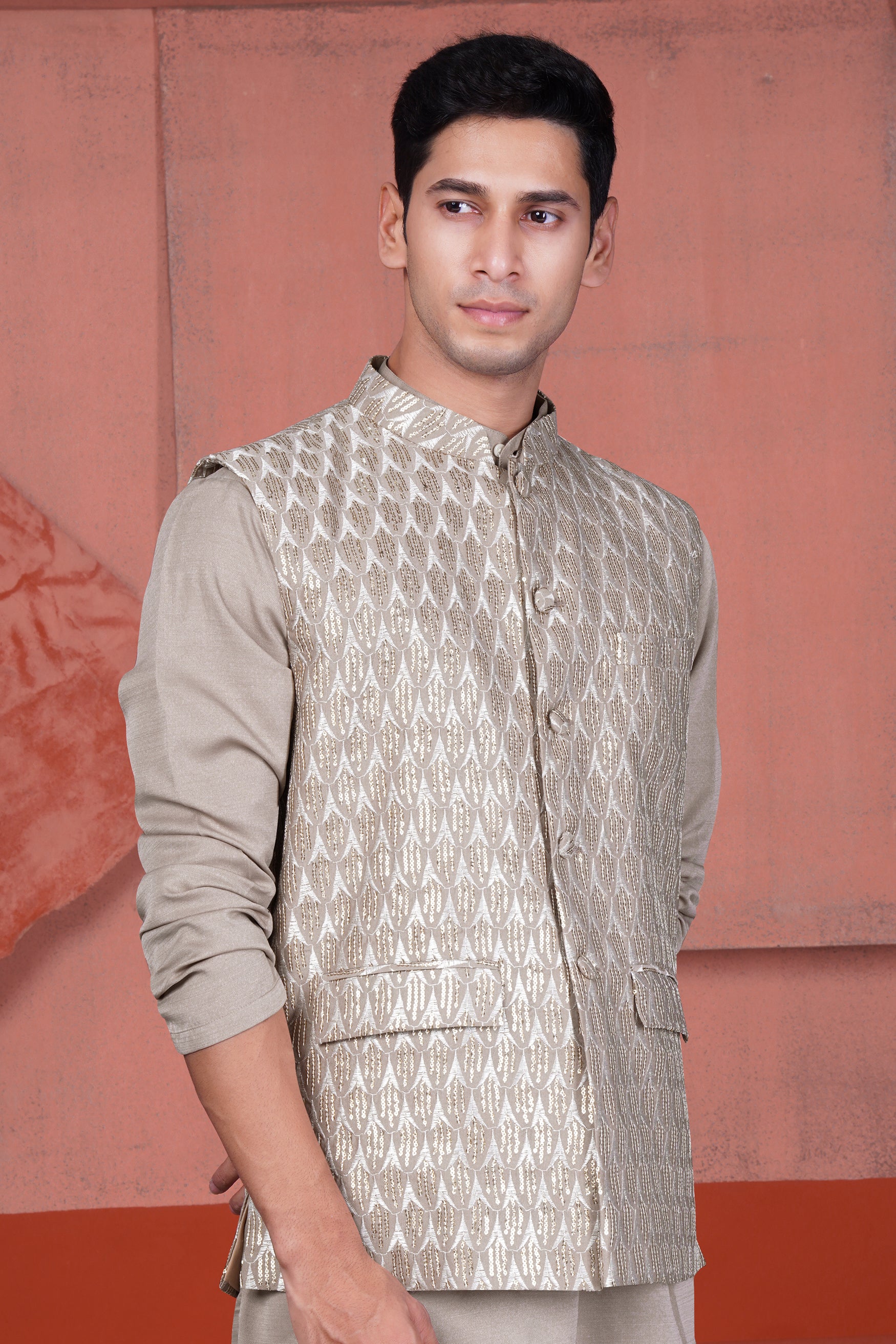 Nobel Brown Embroidered with Tikki Work Viscose Designer Nehru Jacket
