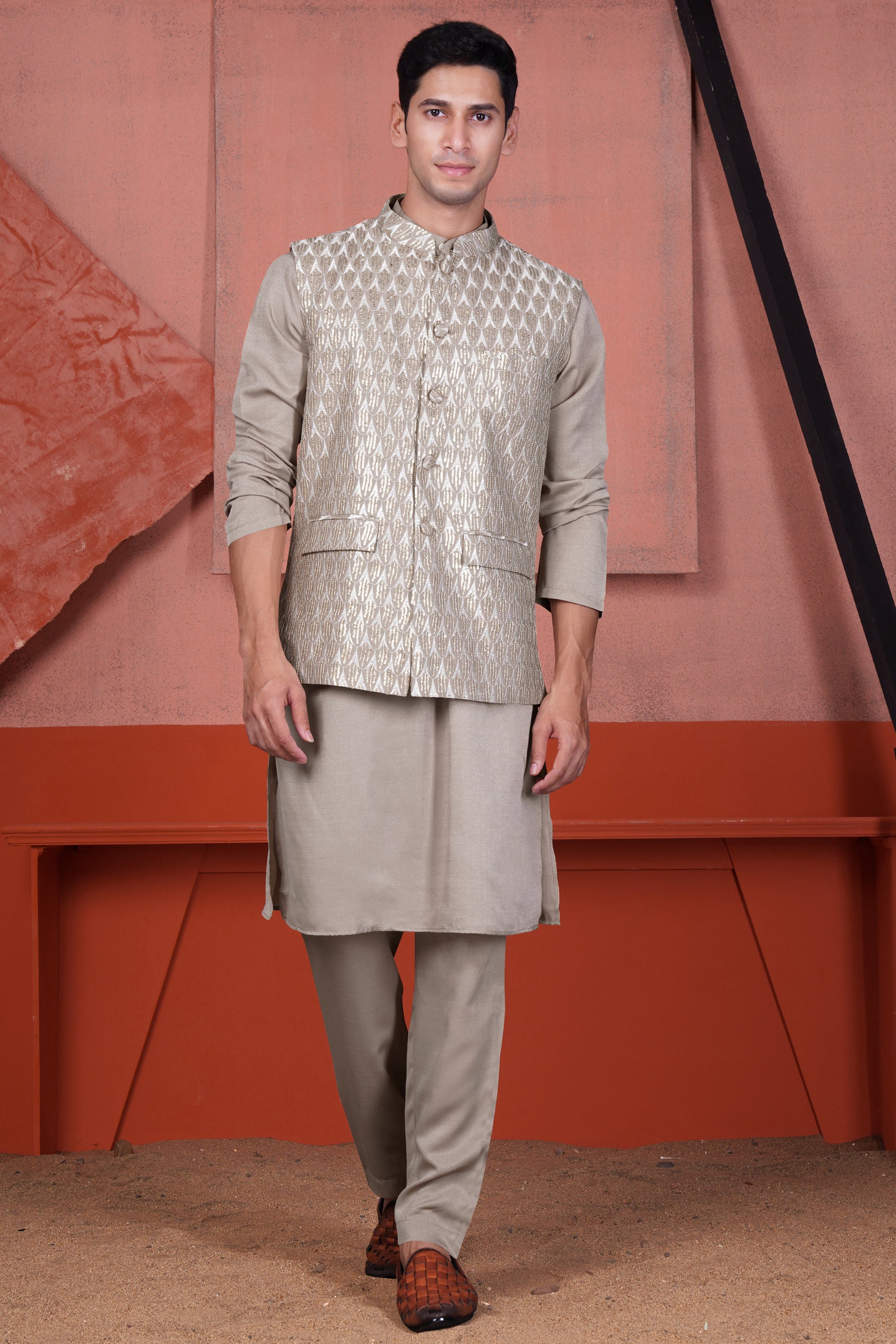 Nobel Brown Embroidered with Tikki Work Viscose Designer Nehru Jacket