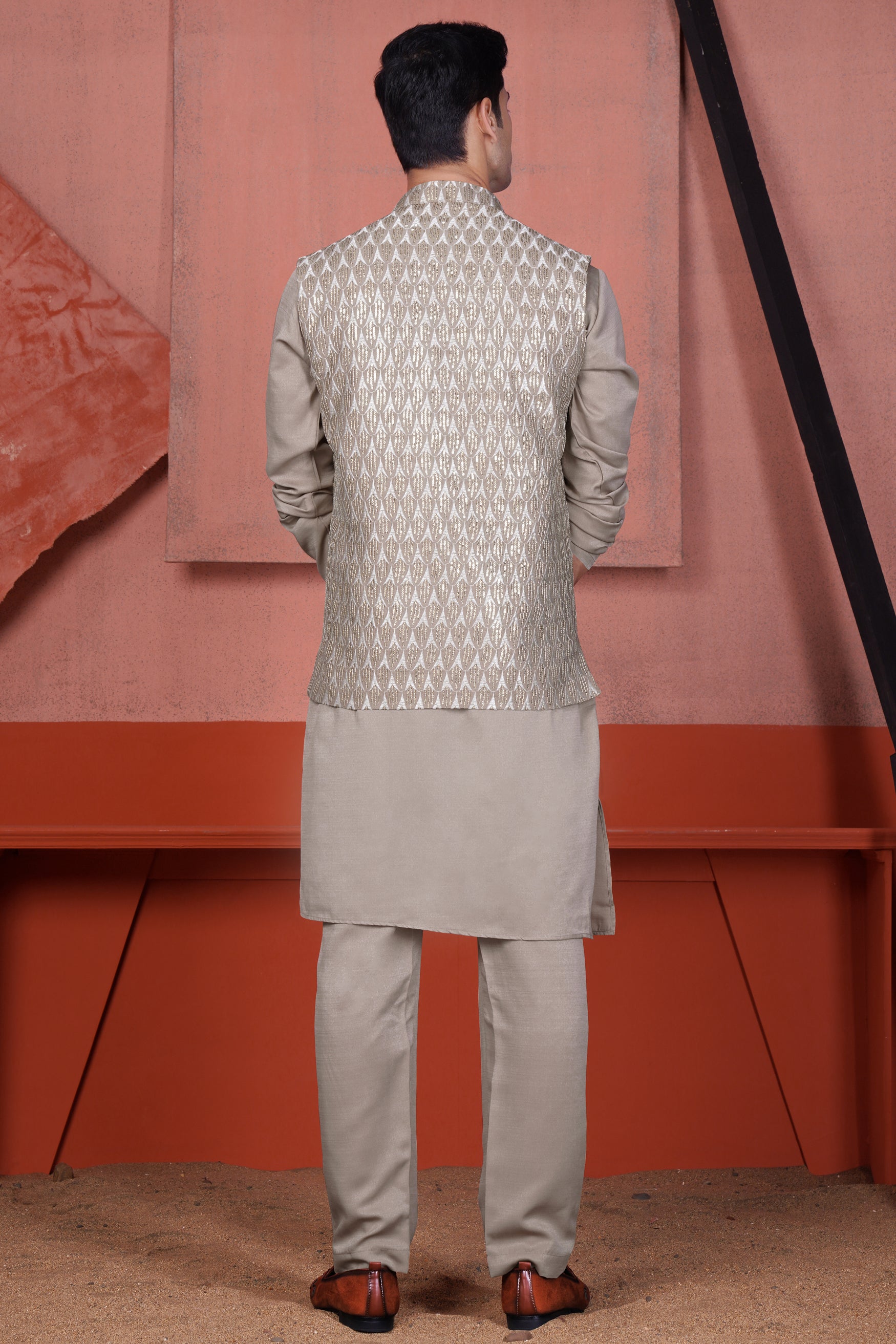 Nobel Brown Embroidered with Tikki Work Viscose Designer Nehru Jacket
