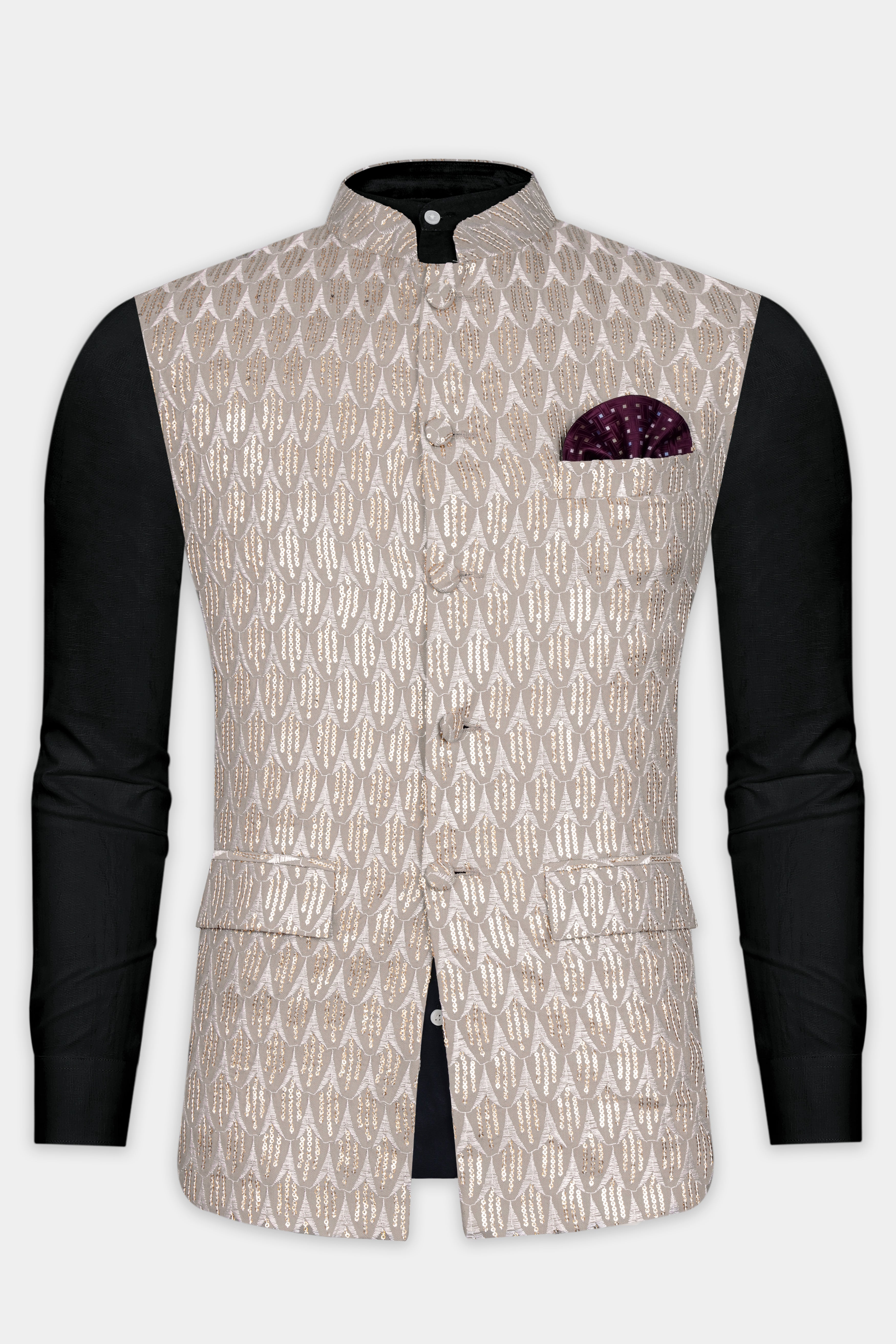Nobel Brown Embroidered with Tikki Work Viscose Designer Nehru Jacket
