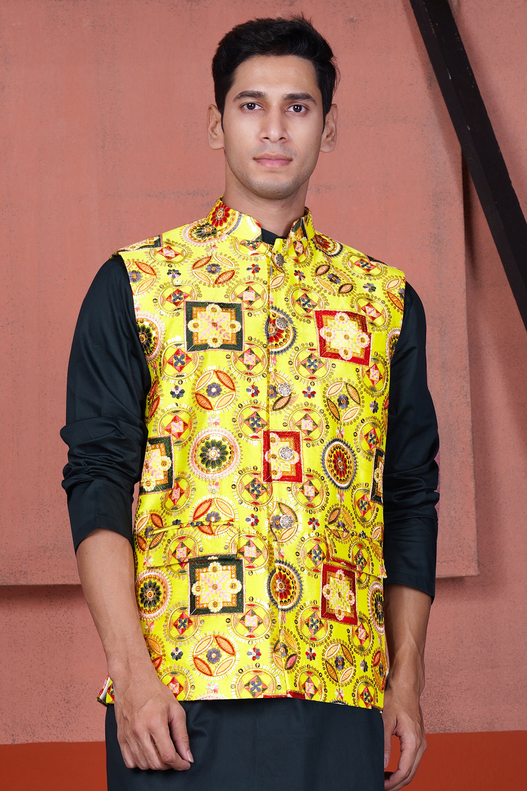 Custard Yellow Multicolour Cotton Thread Embroidered Designer Nehru Jacket