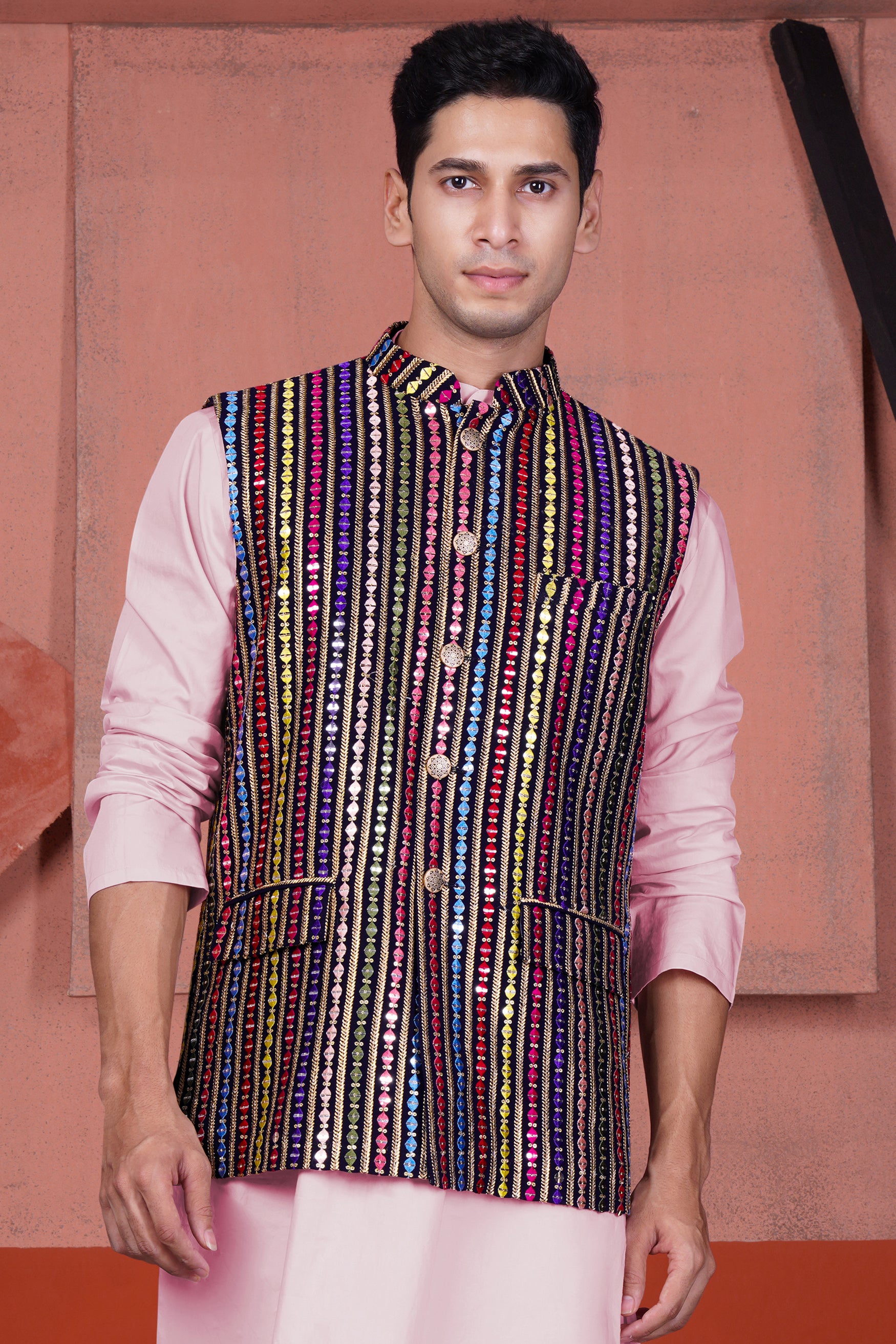 Ebony Blue and Cerise Pink Vertical Thread and Sequin Embroidered Designer Nehru Jacket