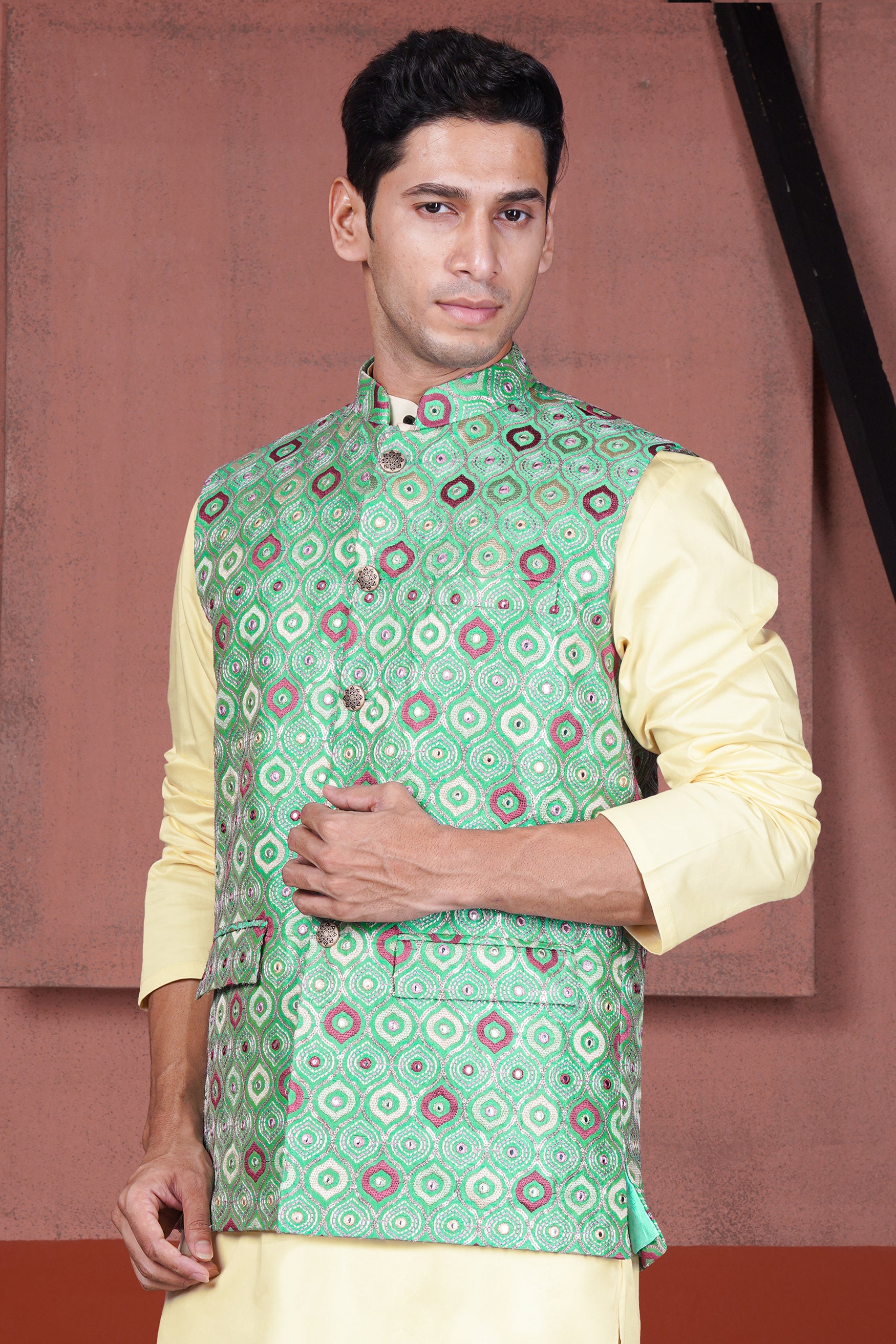 Bermuda Green and Charm Pink Ogee Cotton Thread Embroidered Designer Nehru Jacket