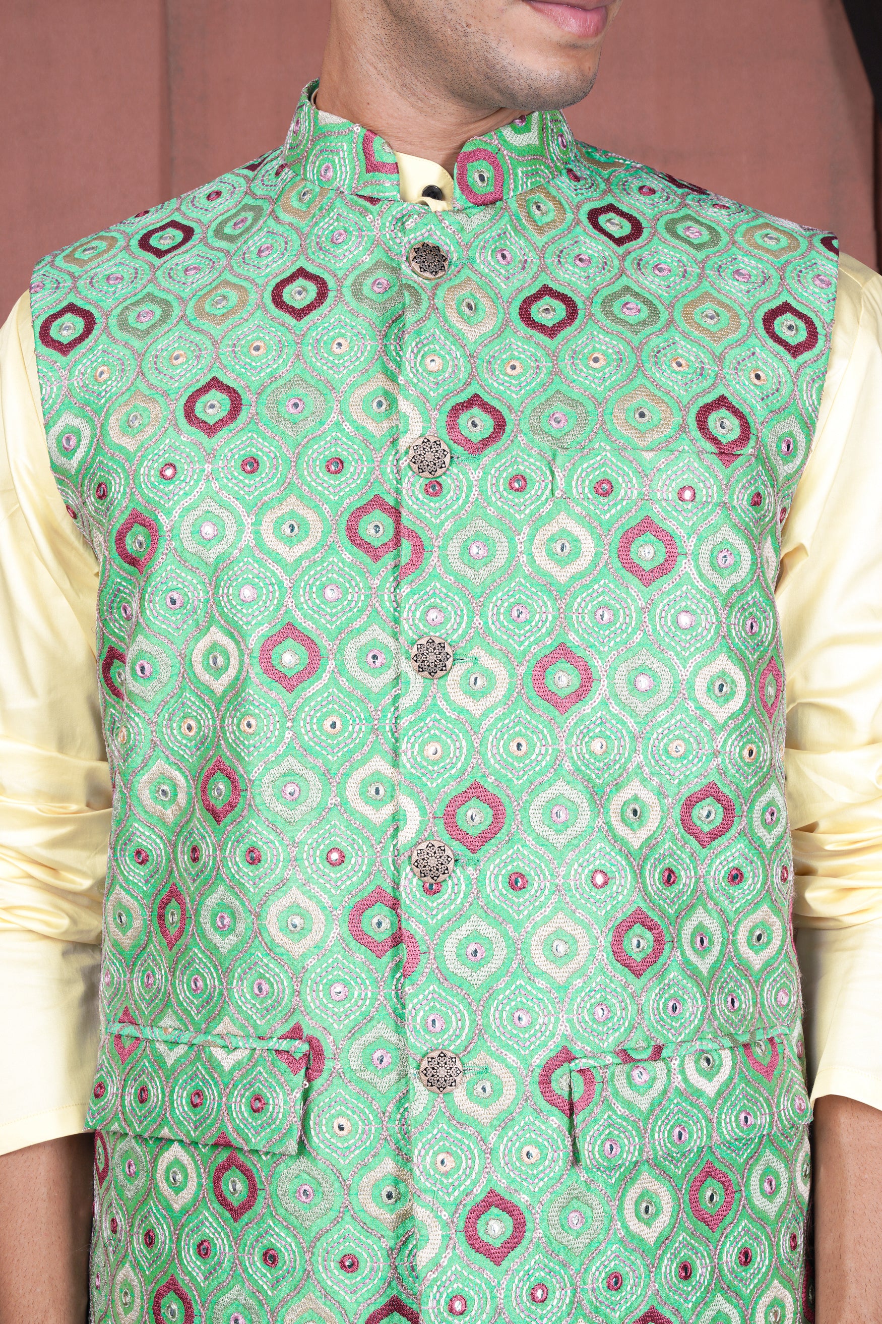 Bermuda Green and Charm Pink Ogee Cotton Thread Embroidered Designer Nehru Jacket