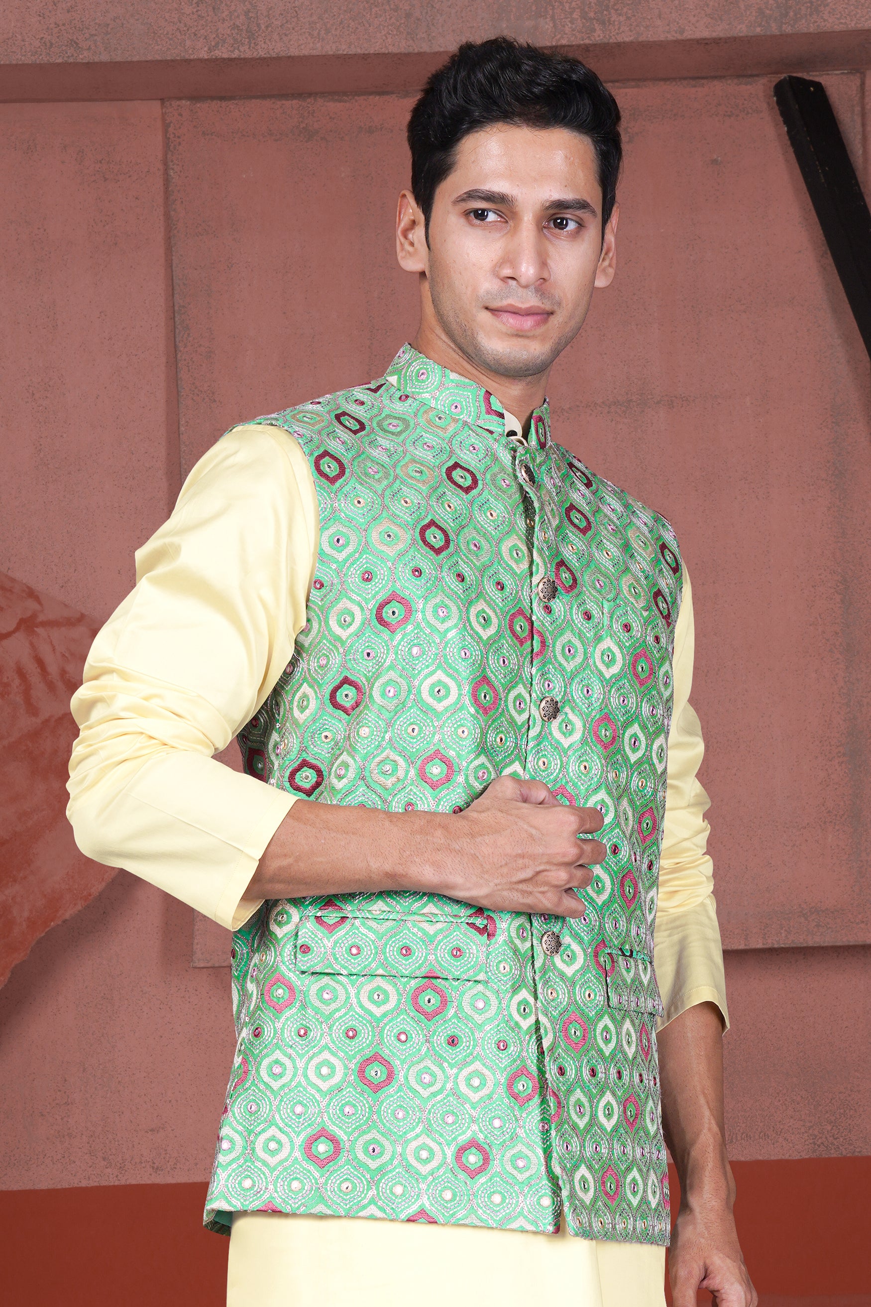 Bermuda Green and Charm Pink Ogee Cotton Thread Embroidered Designer Nehru Jacket