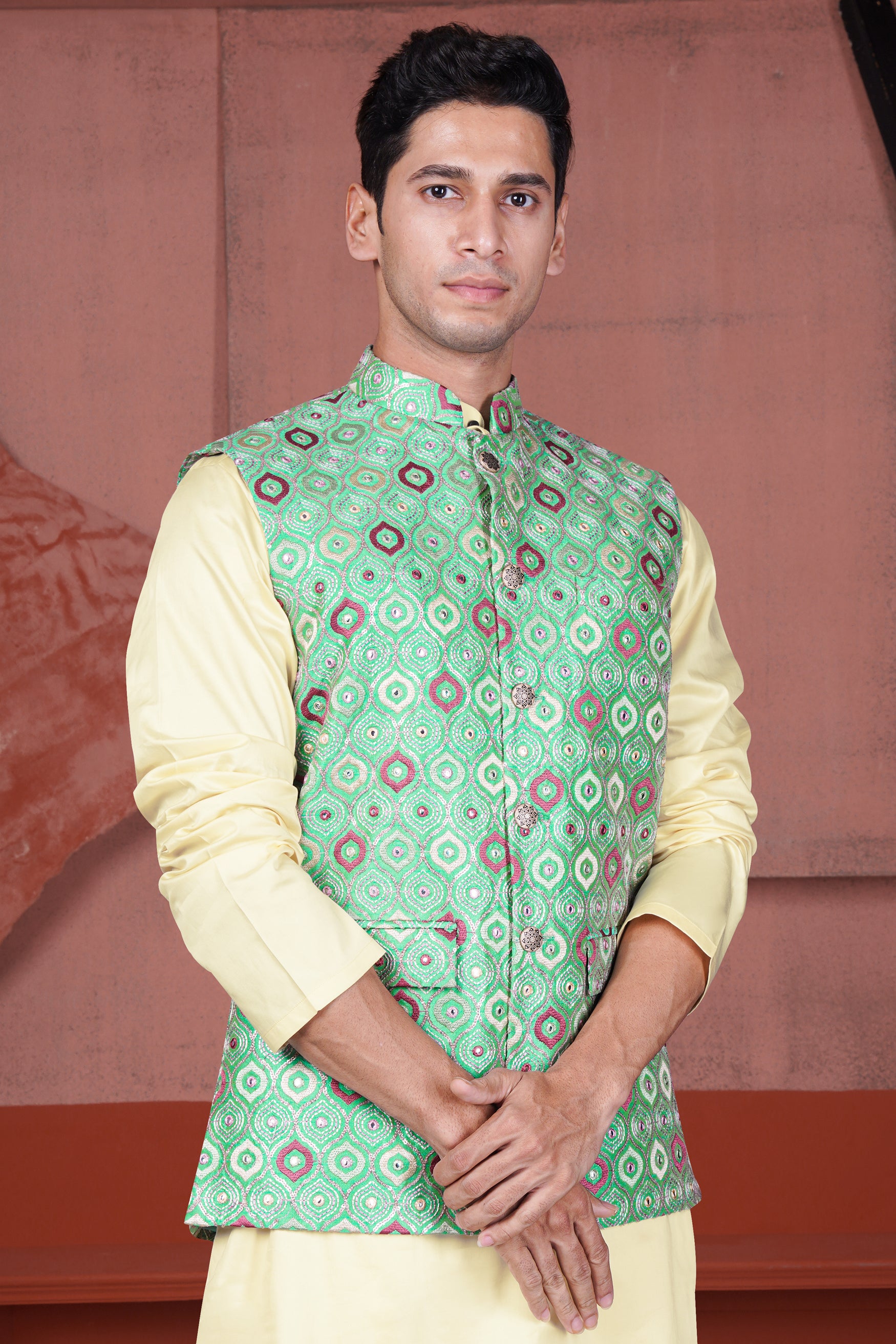 Bermuda Green and Charm Pink Ogee Cotton Thread Embroidered Designer Nehru Jacket
