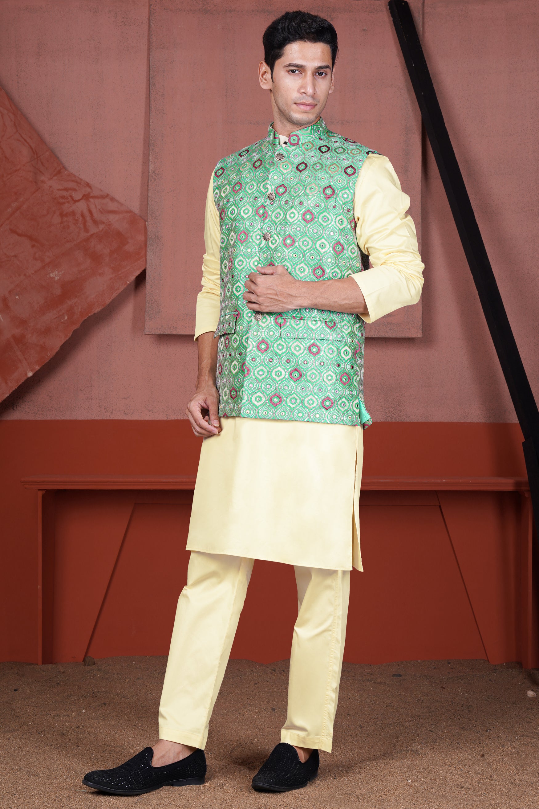 Bermuda Green and Charm Pink Ogee Cotton Thread Embroidered Designer Nehru Jacket