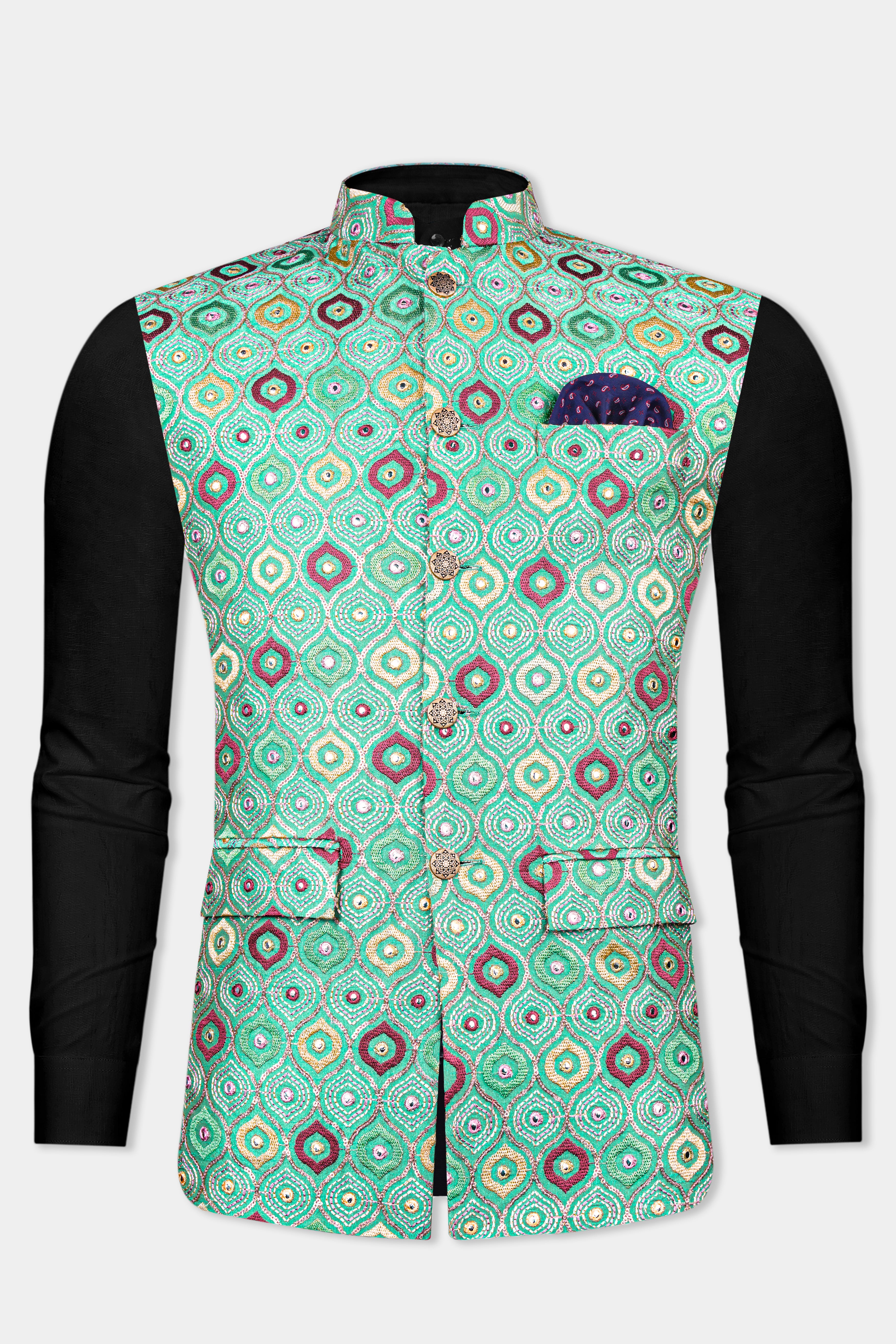 Bermuda Green and Charm Pink Ogee Cotton Thread Embroidered Designer Nehru Jacket