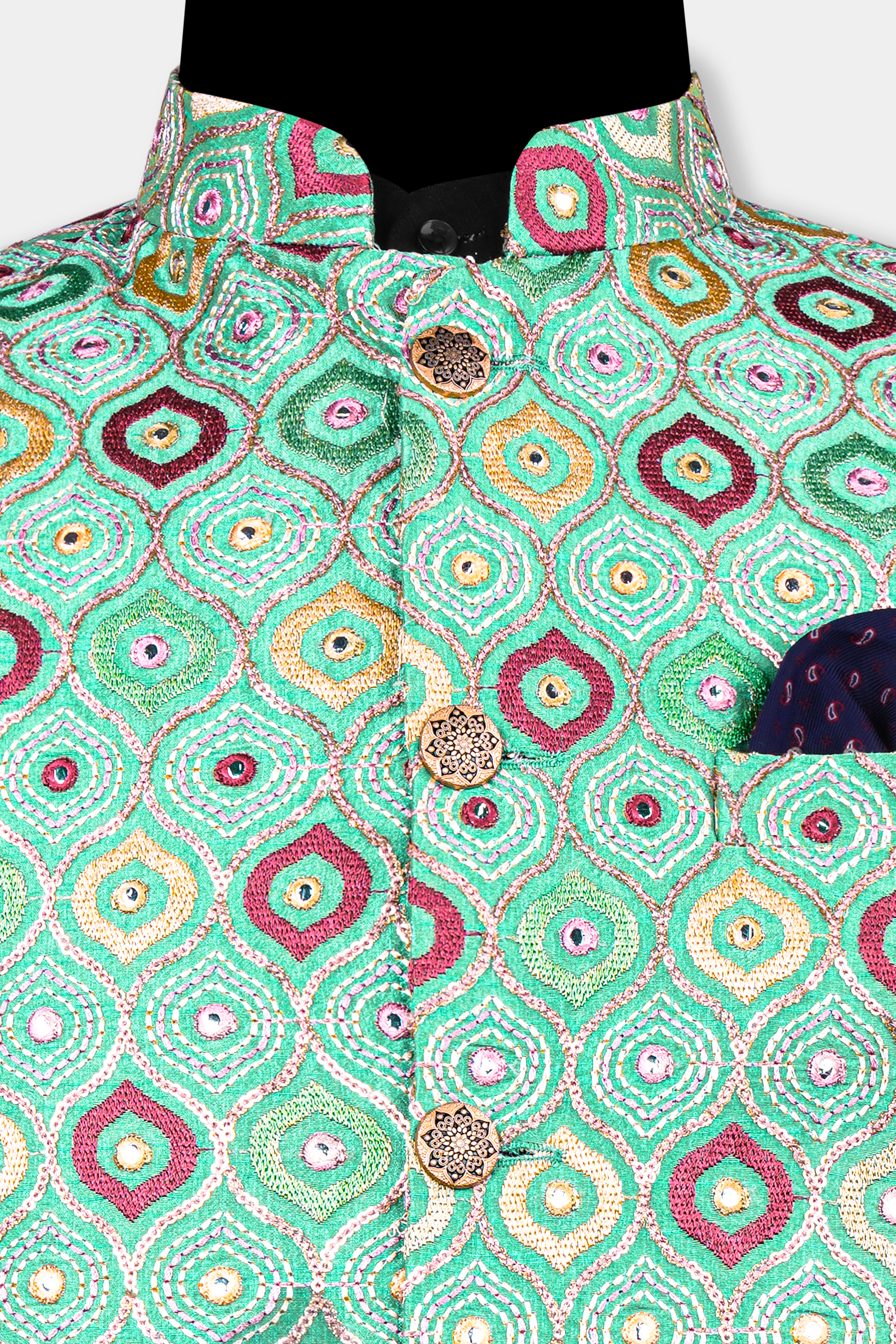 Bermuda Green and Charm Pink Ogee Cotton Thread Embroidered Designer Nehru Jacket