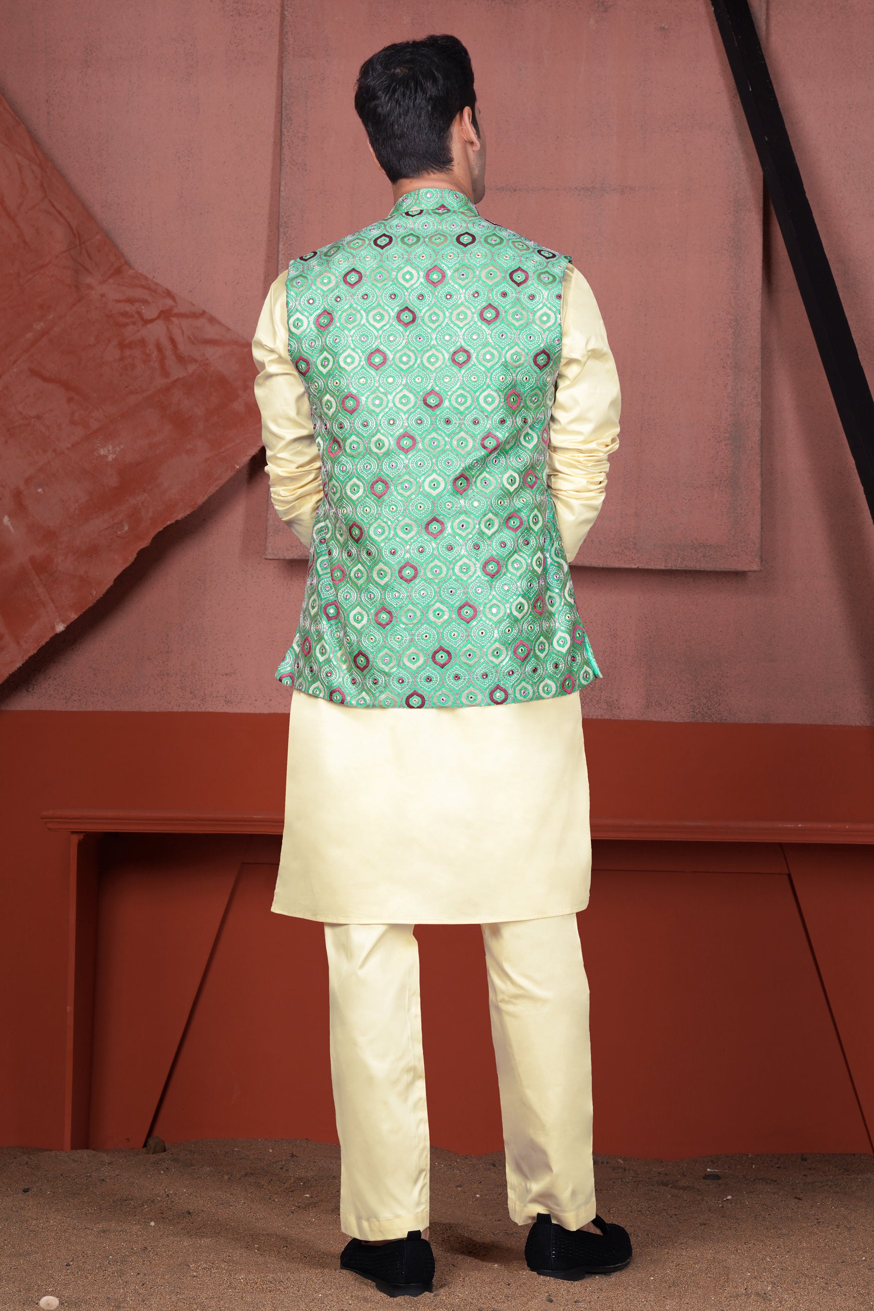 Bermuda Green and Charm Pink Ogee Cotton Thread Embroidered Designer Nehru Jacket
