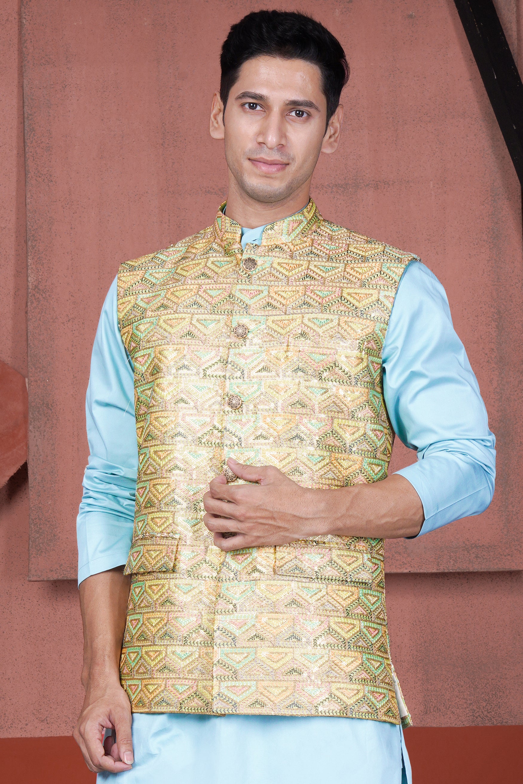 Tacha Brown and Charm Pink Geometric Cotton Thread Embroidered Designer Nehru Jacket