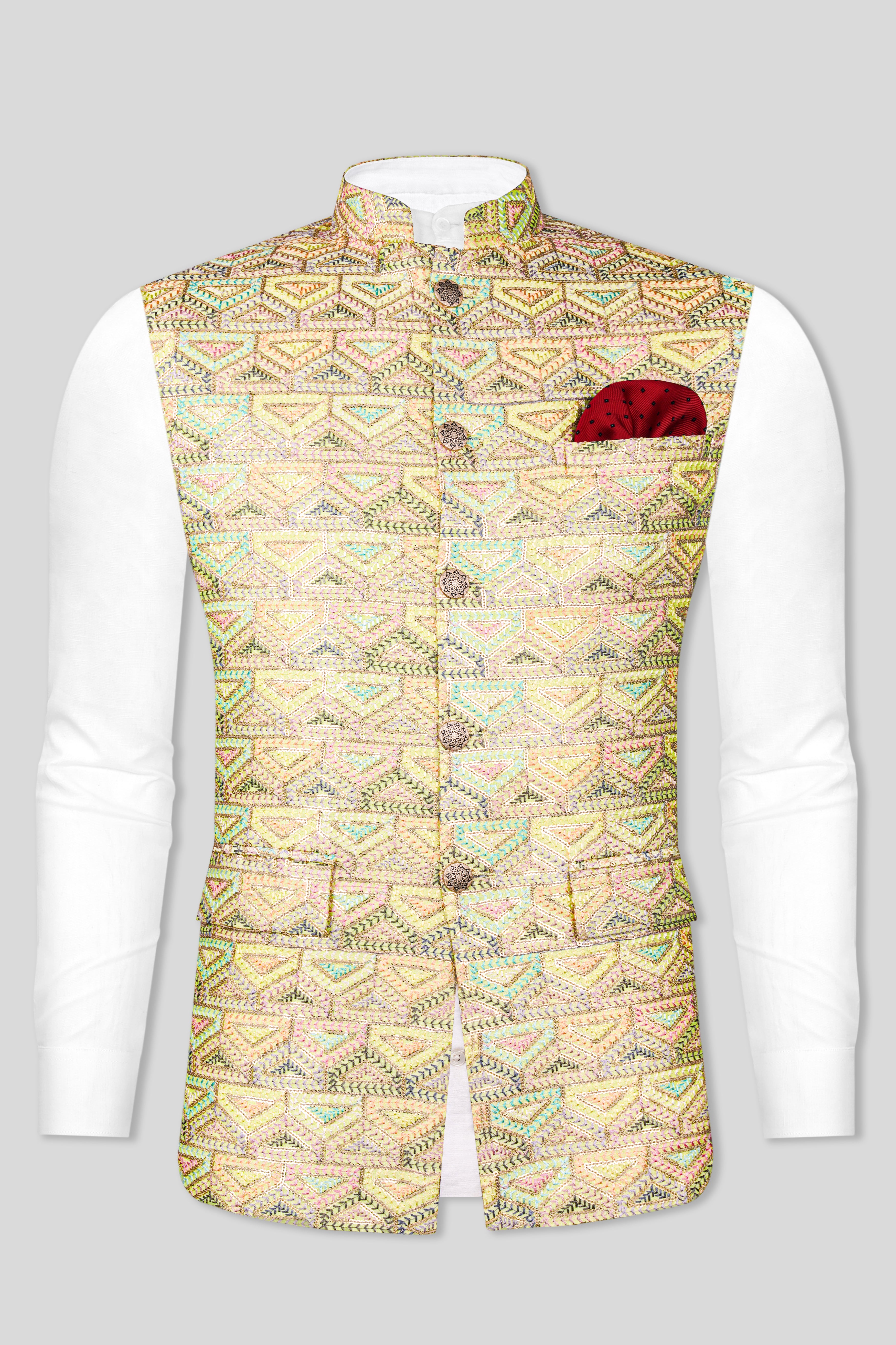 Tacha Brown and Charm Pink Geometric Cotton Thread Embroidered Designer Nehru Jacket