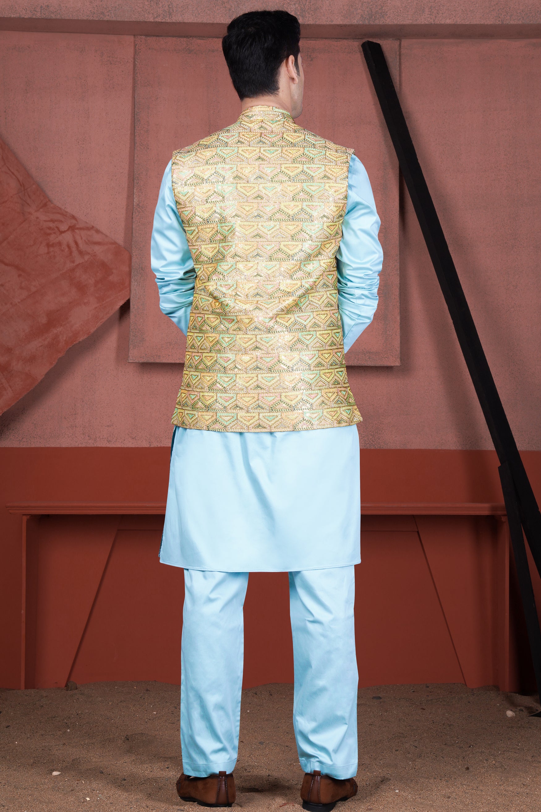 Tacha Brown and Charm Pink Geometric Cotton Thread Embroidered Designer Nehru Jacket