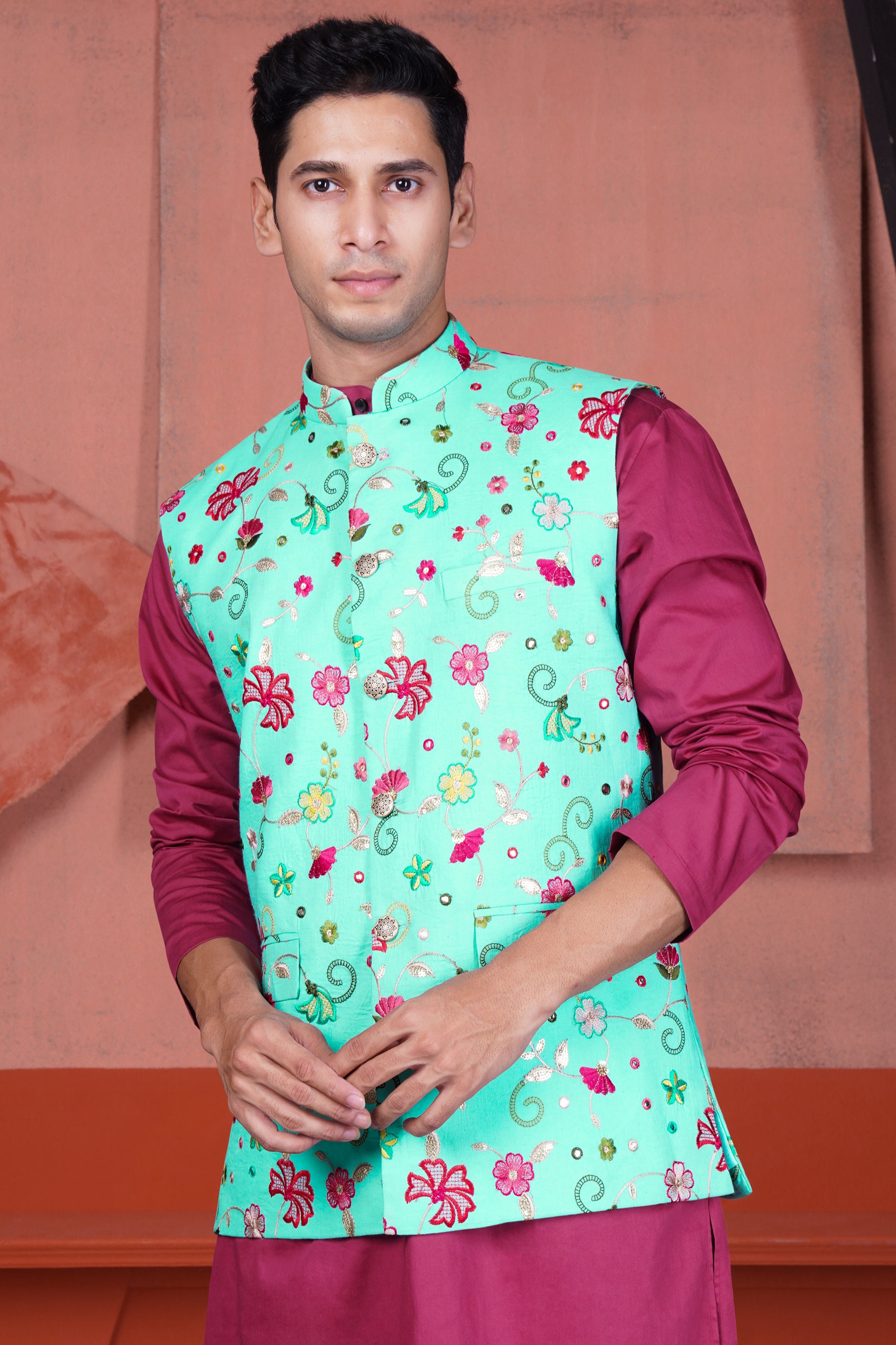 Cyan Blue and Charm Pink Floral Cotton Thread Embroidered Designer Nehru Jacket