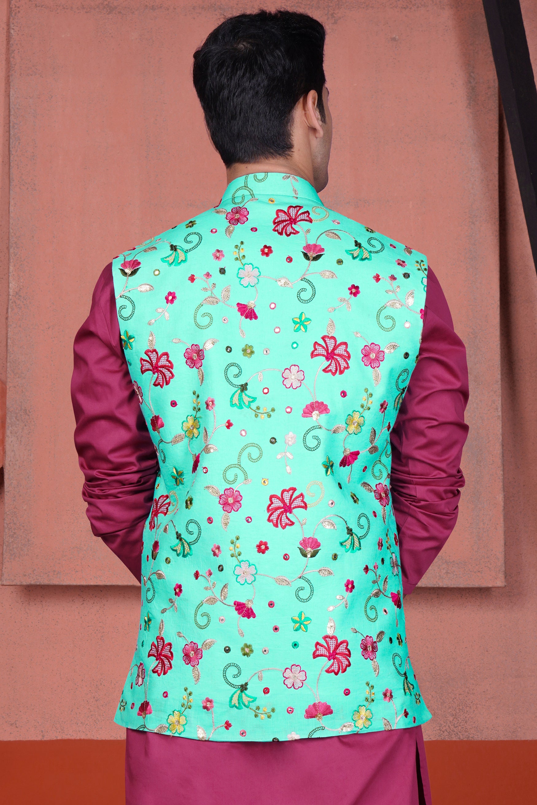 Cyan Blue and Charm Pink Floral Cotton Thread Embroidered Designer Nehru Jacket