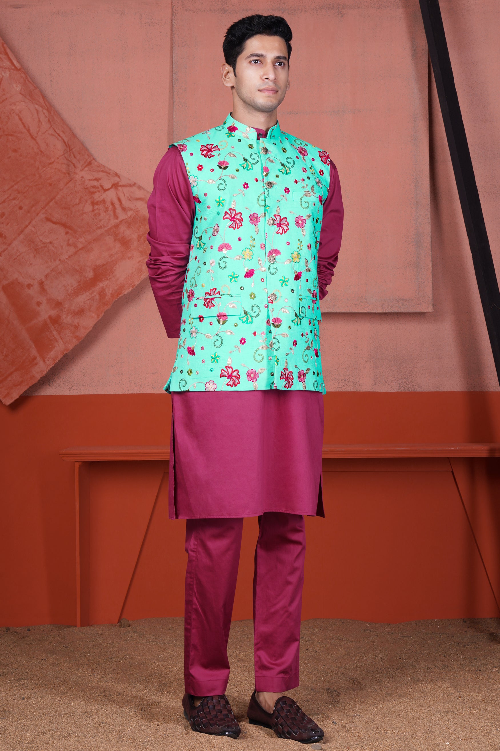 Cyan Blue and Charm Pink Floral Cotton Thread Embroidered Designer Nehru Jacket
