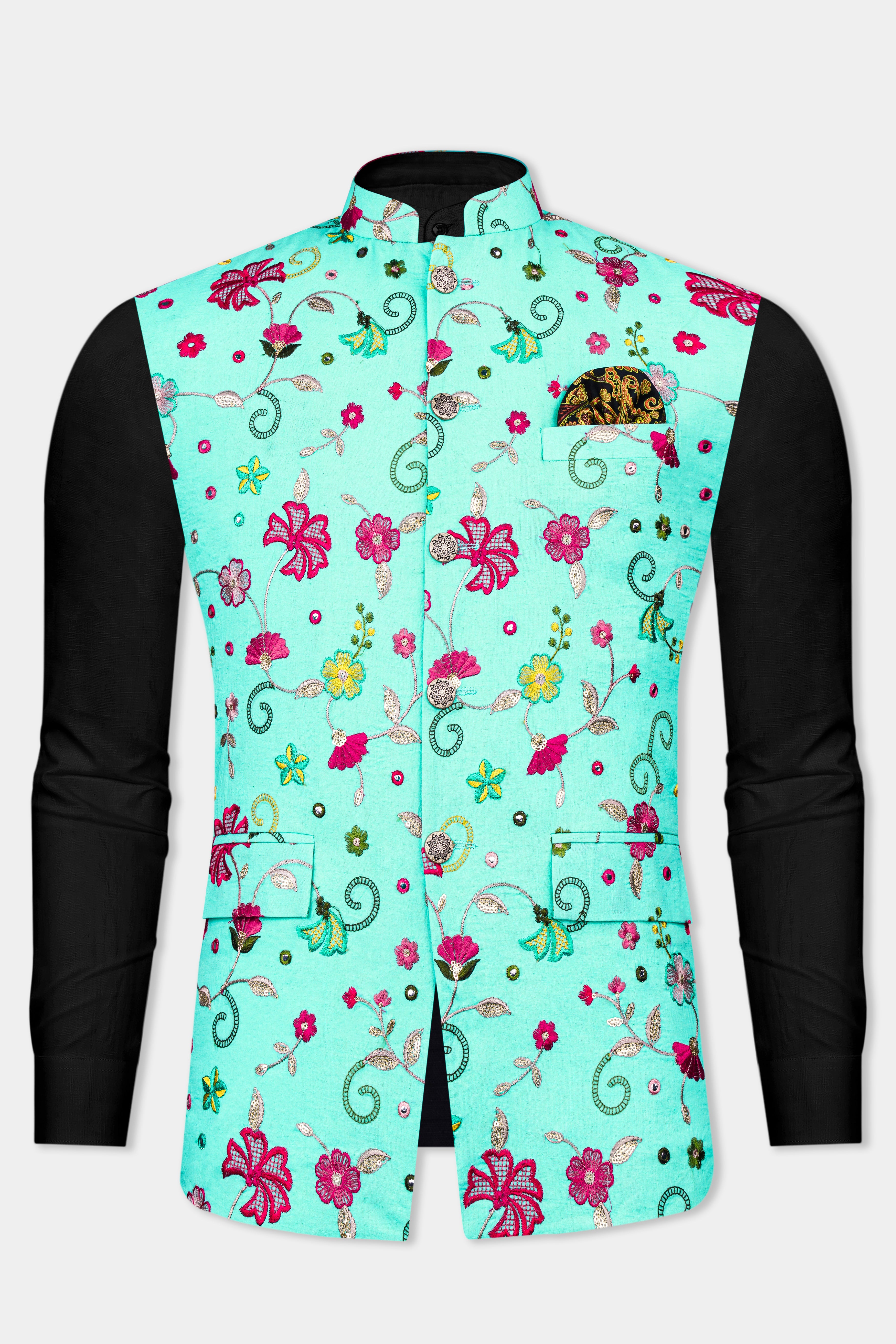 Cyan Blue and Charm Pink Floral Cotton Thread Embroidered Designer Nehru Jacket