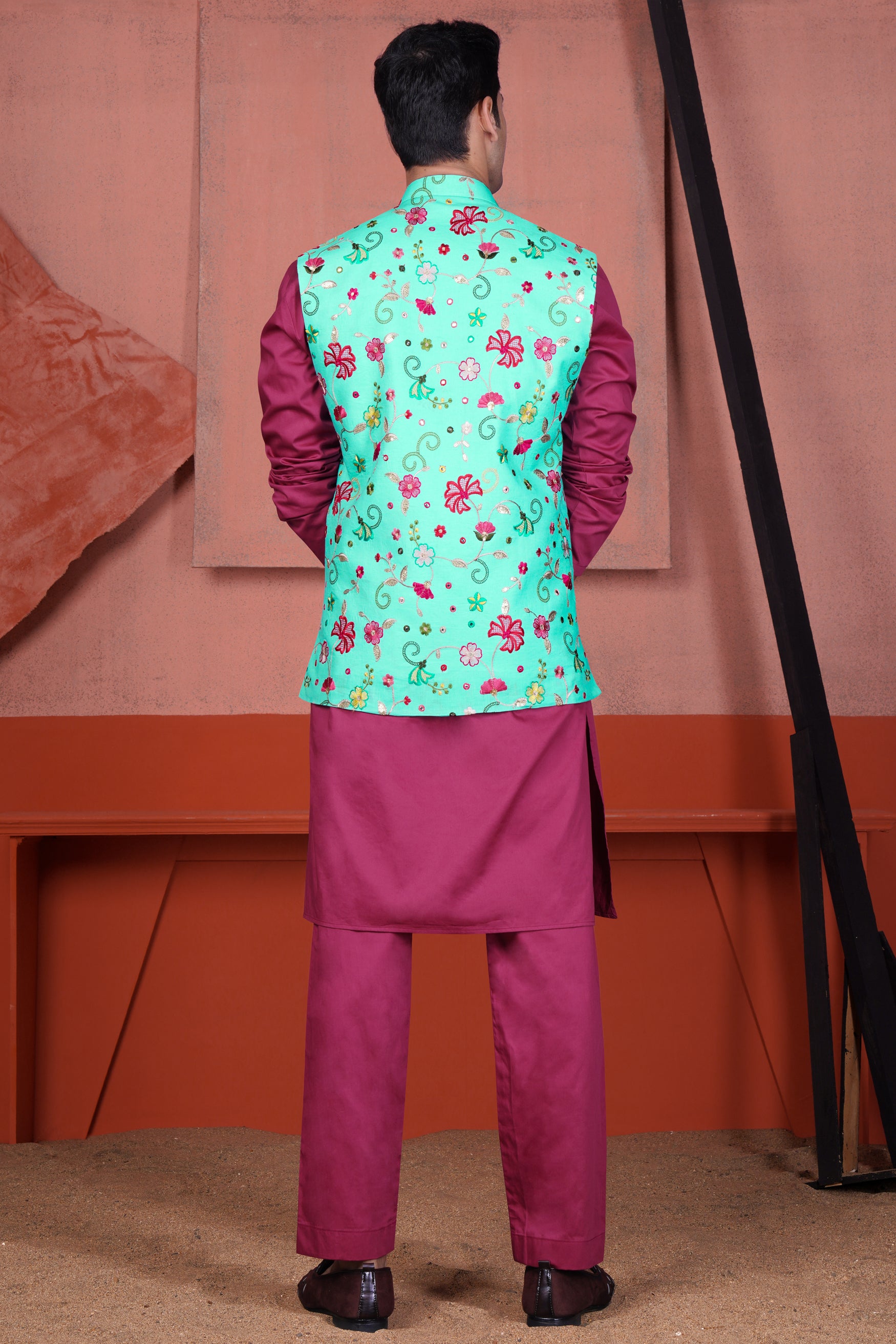 Cyan Blue and Charm Pink Floral Cotton Thread Embroidered Designer Nehru Jacket