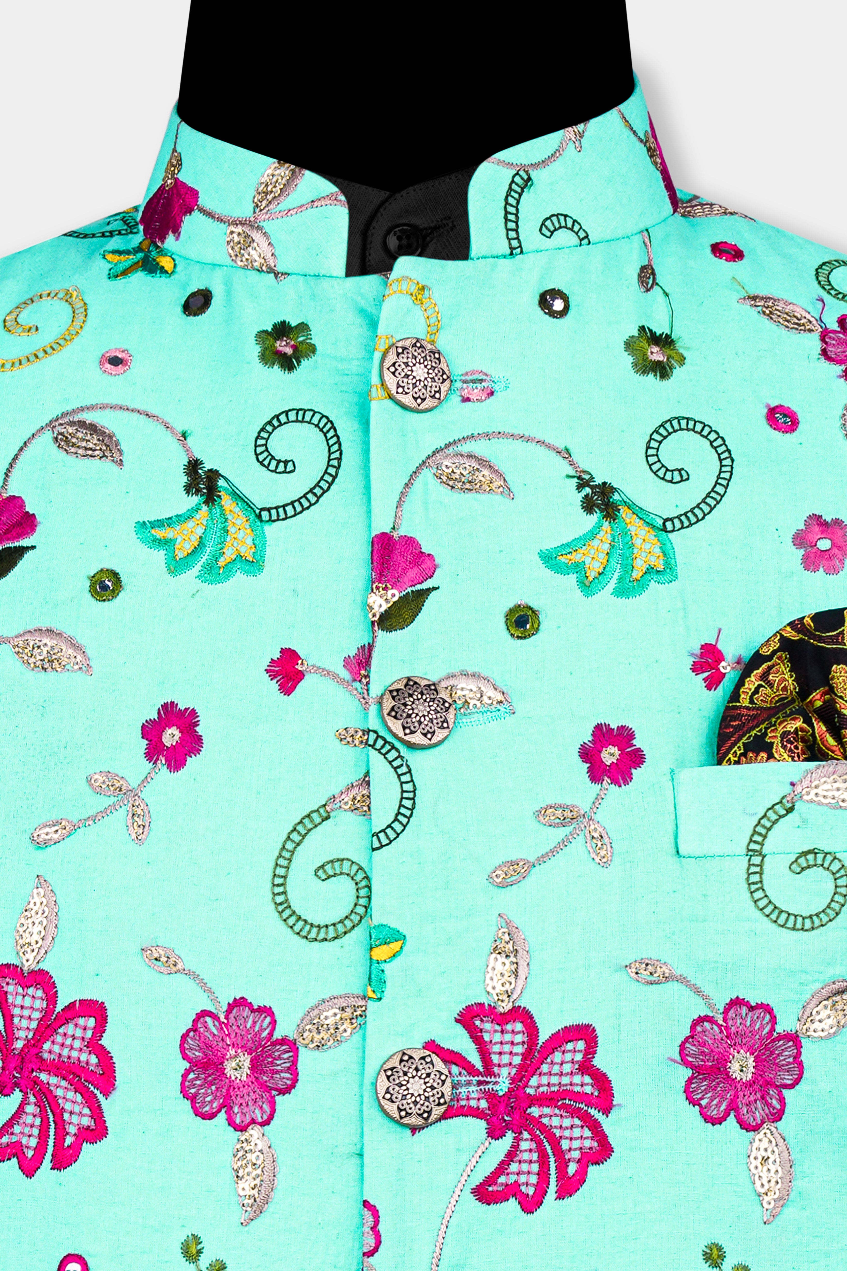 Cyan Blue and Charm Pink Floral Cotton Thread Embroidered Designer Nehru Jacket