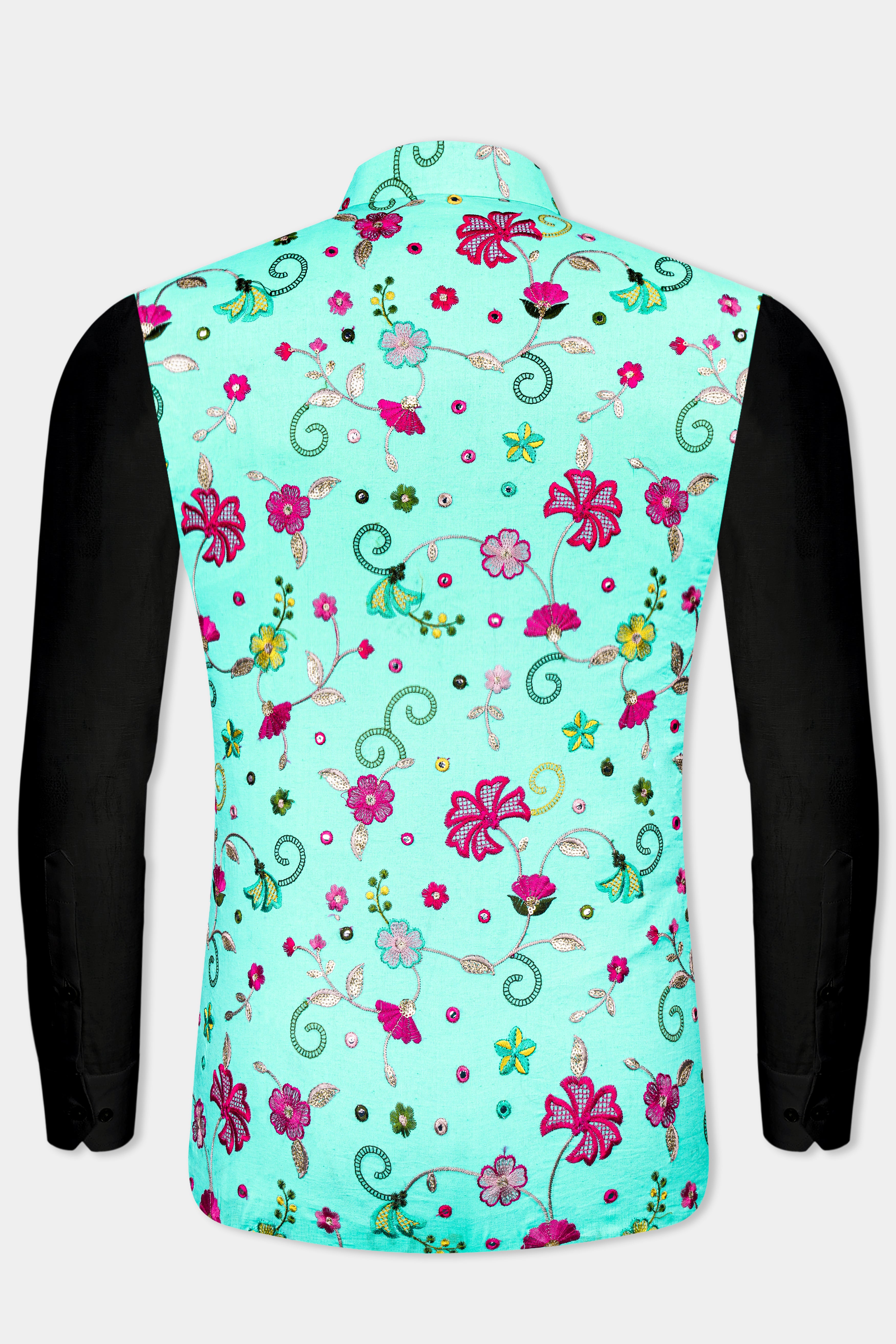 Cyan Blue and Charm Pink Floral Cotton Thread Embroidered Designer Nehru Jacket