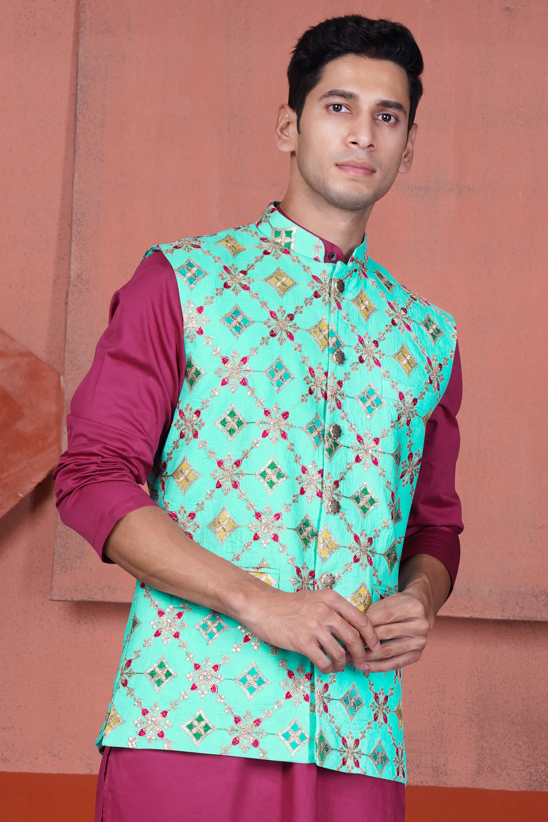 Cyan Blue and Charm Pink Geometric Cotton Thread Embroidered Designer Nehru Jacket